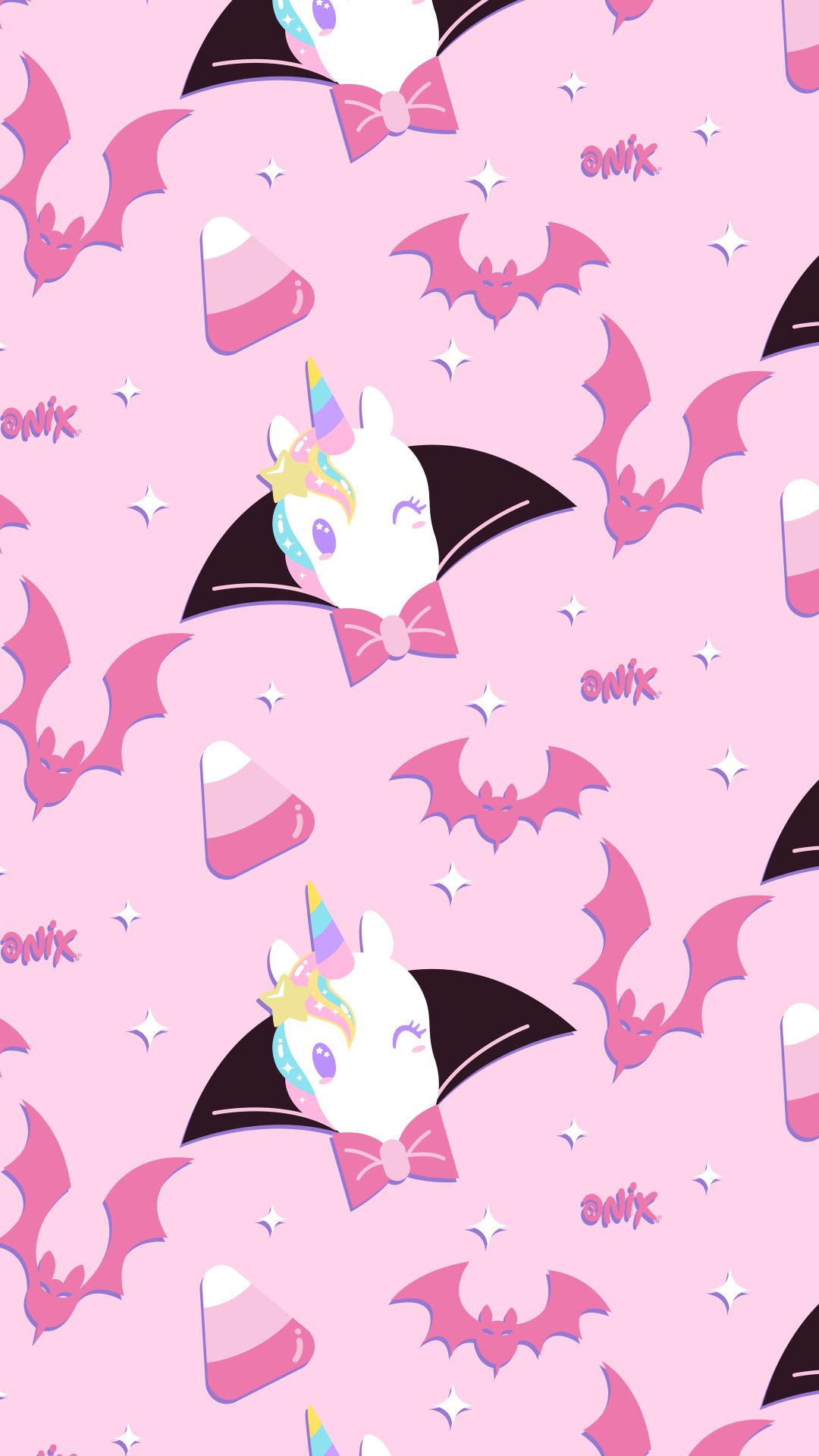 a pink and black bat pattern with white stars on the top, and an unicorn's head in the middle Halloween Unicorn Halloween Unicorn, Unicorn, Unicorn Halloween, Halloween, misty rose