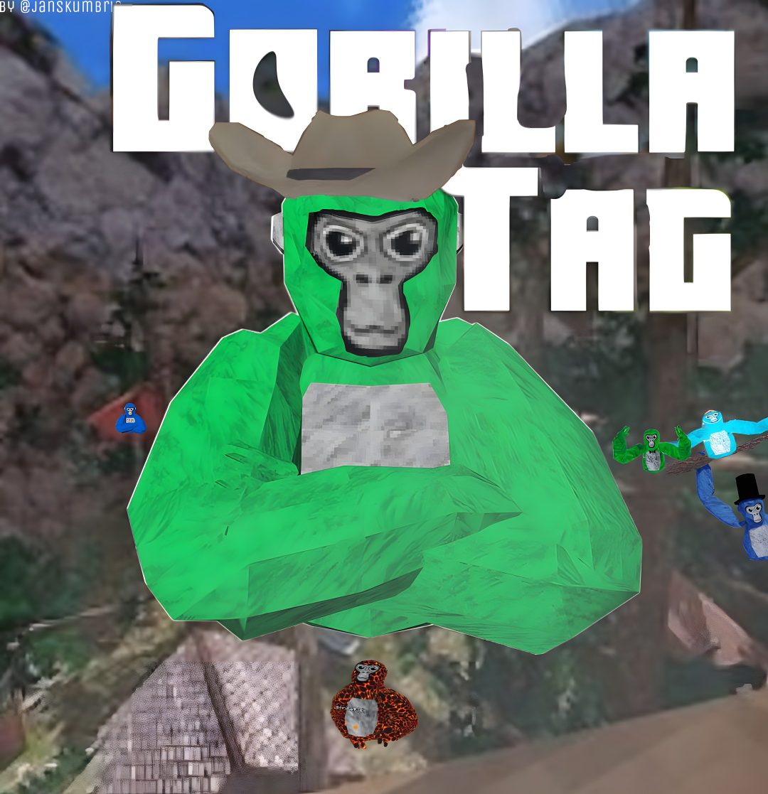 an animated gorilla wearing a cowboy hat and green shirt with the words gorilla tag on it Gorilla Tag Halloween Gorilla Tag Logo, Blue Monkey, Tags, Logo, Blue, dim gray