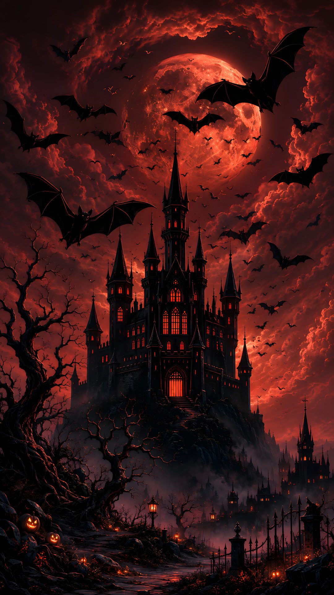 a castle with bats flying over it in front of a full moon and red sky Dark Halloween 4k black