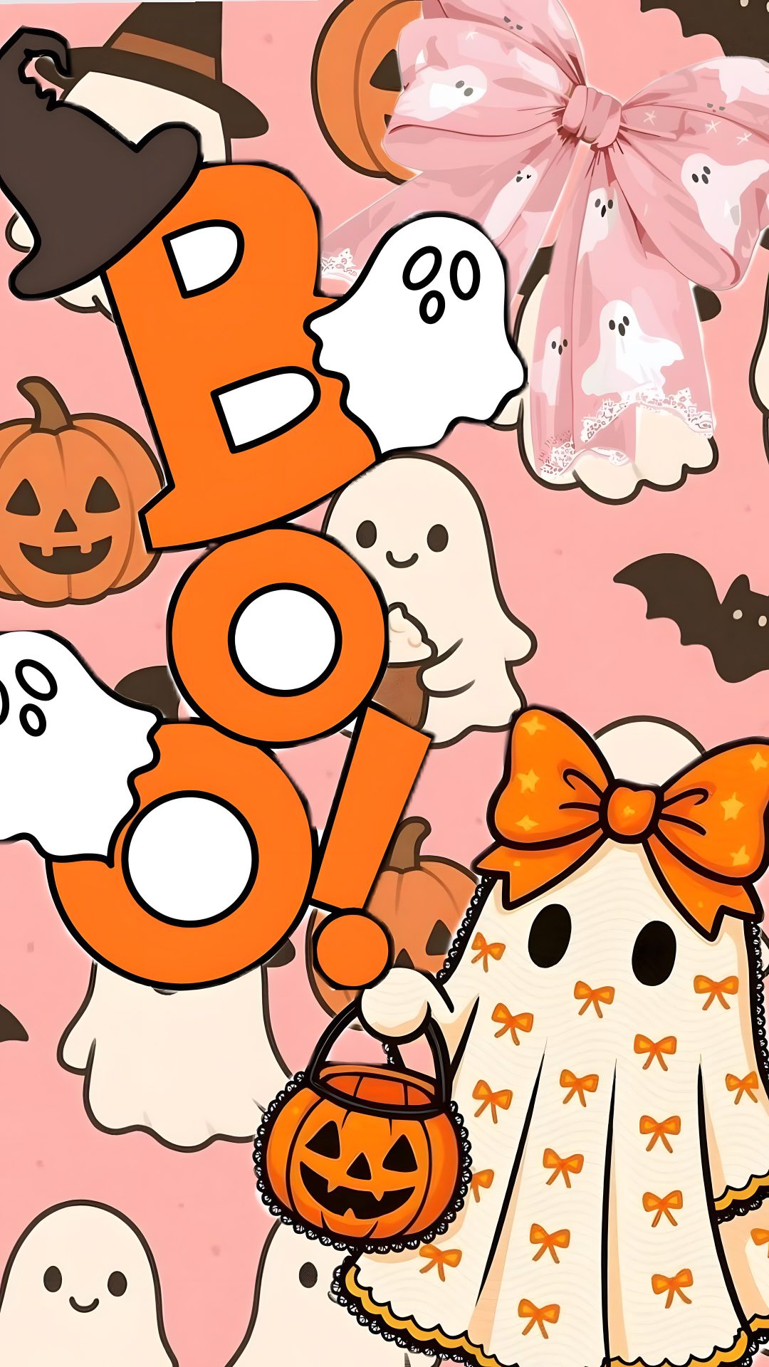 a halloween scene with ghostes, pumpkins and boobob's on it Cute Halloween Boo light pink