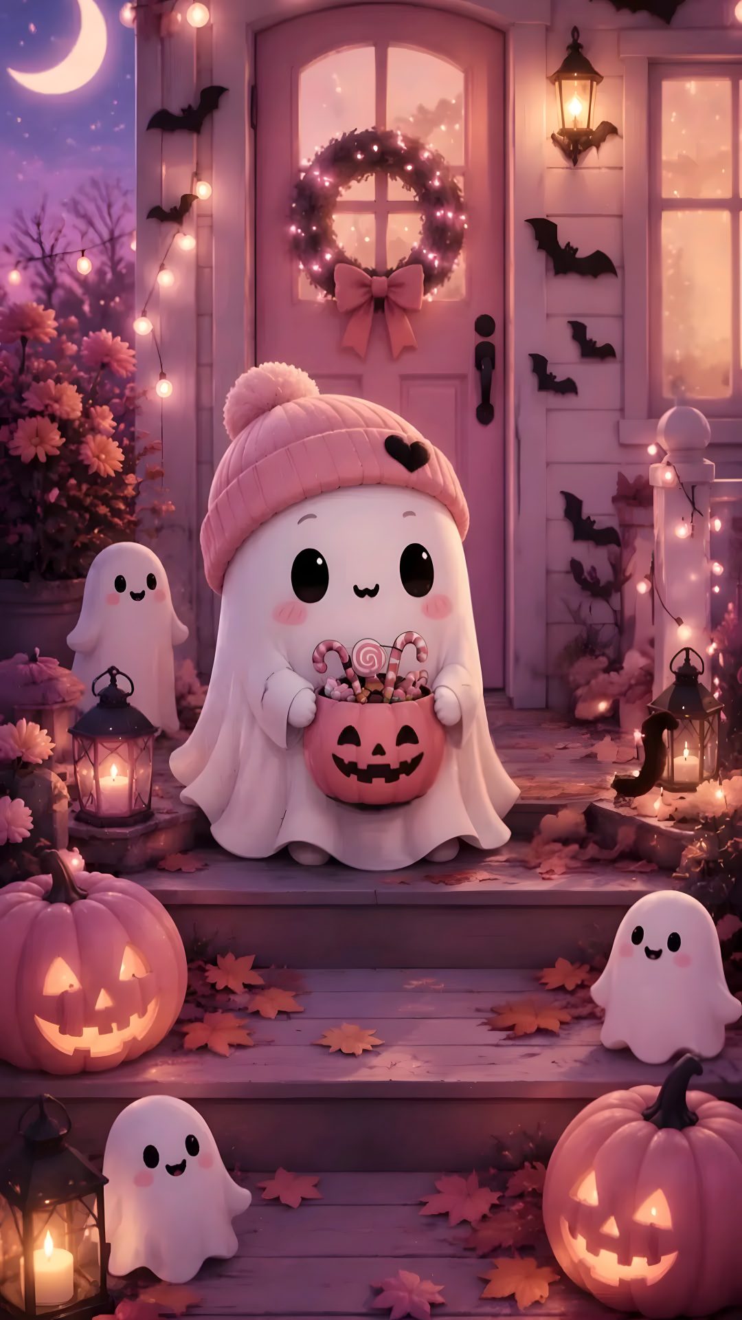 a cute little ghost holding a pumpkin in front of a house decorated with halloween decorations Halloween Cellphone sienna