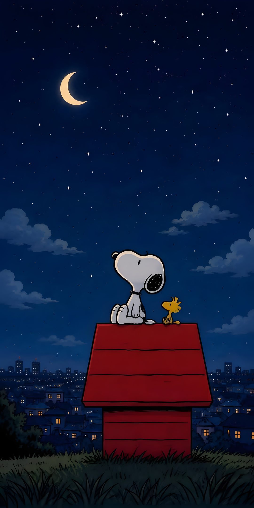 a cartoon dog sitting on top of a roof at night Snoopy Halloween 4k black