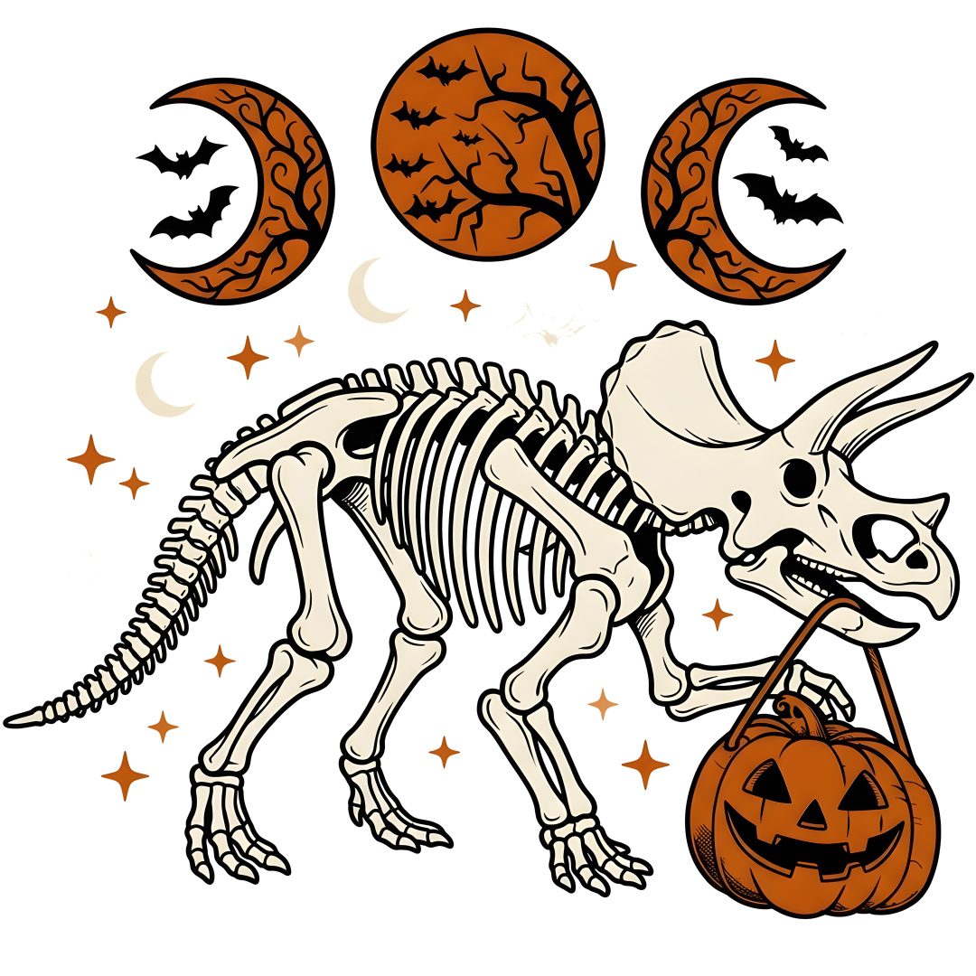 an animal skeleton holding a pumpkin in front of three phases of the moon and stars Halloween Dinosaur Aesthetic white