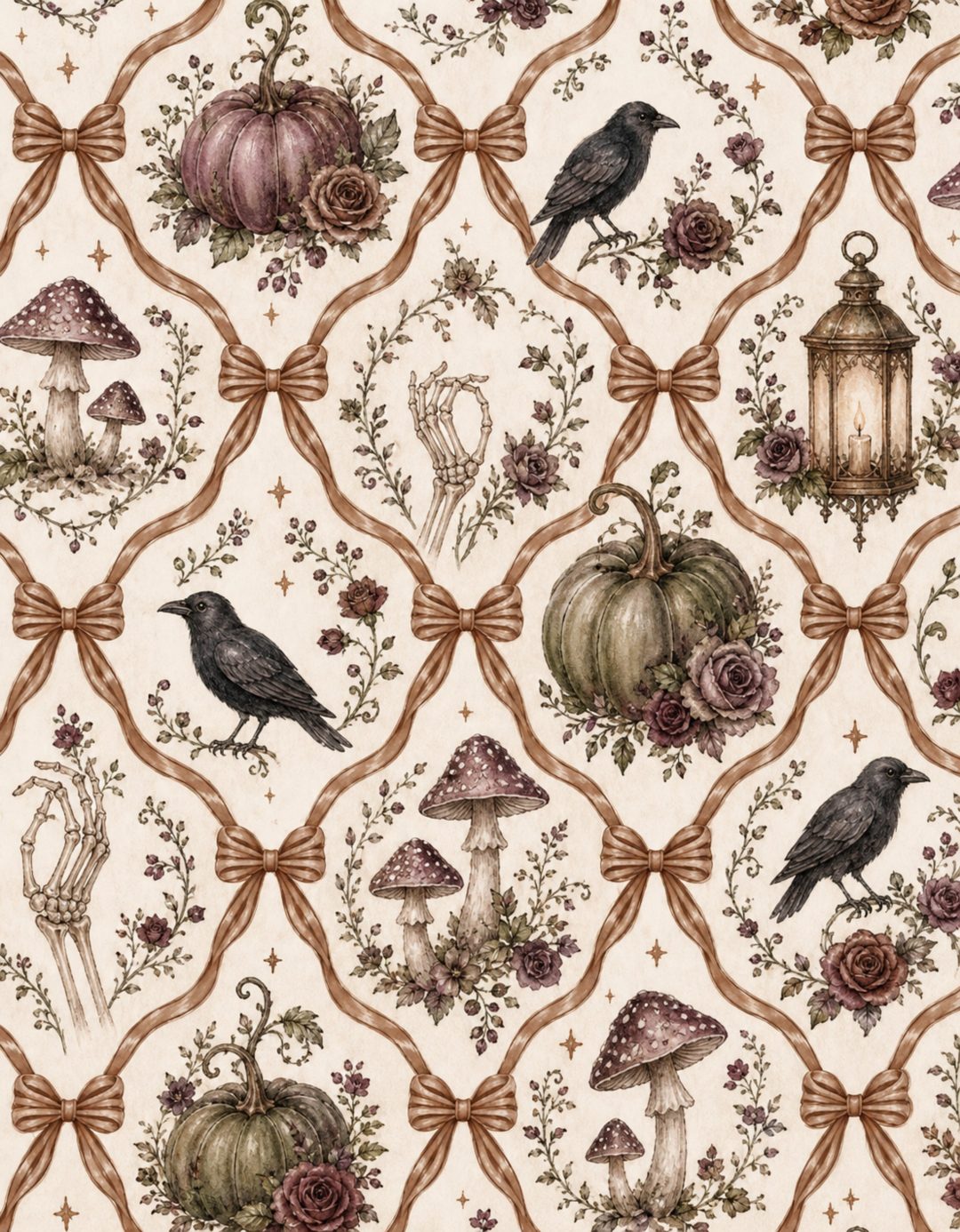 an image of a wallpaper pattern with birds and mushrooms on the background, including pumpkins Halloween Celtic Tiles Custom wheat