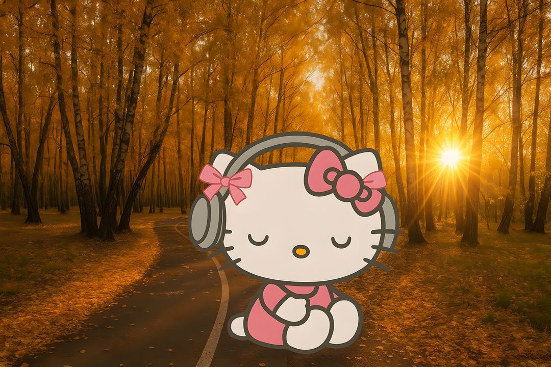 hello kitty with headphones sitting in the middle of a road surrounded by trees and leaves Hello Kitty Halloween Ipad Fall Hello Kitty, Hello Kitty, Autumn Hello Kitty, saddle brown