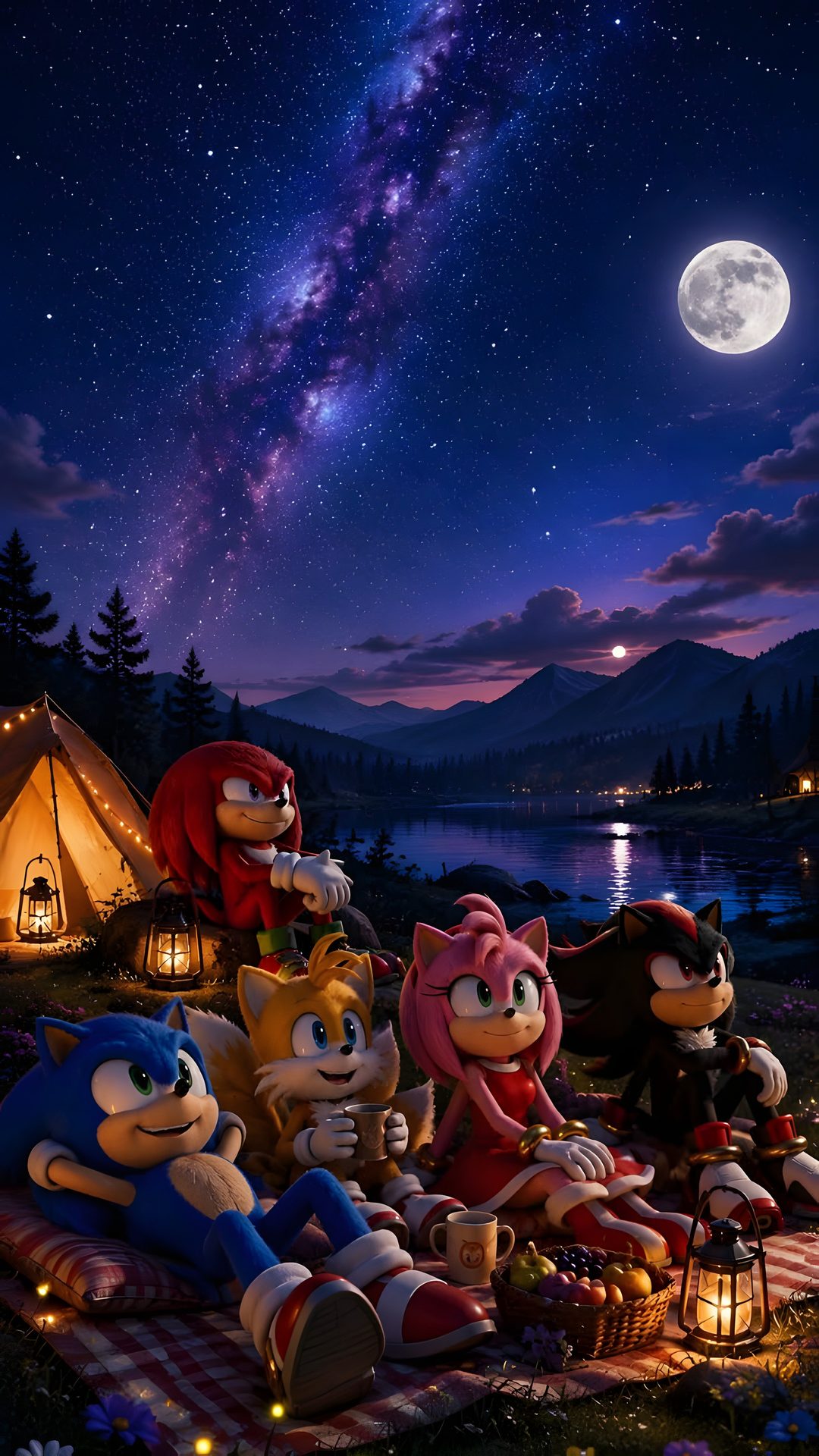 some cartoon characters are sitting on a blanket under the night sky Halloween Sonic midnight blue