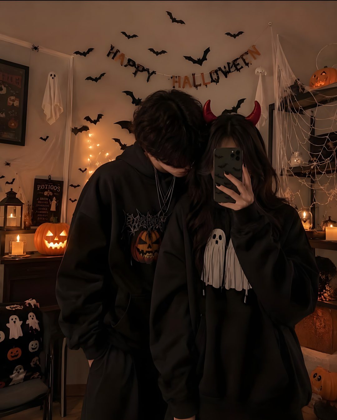 a man and woman taking a selfie in front of halloween decorations Halloween Couple Iphone black