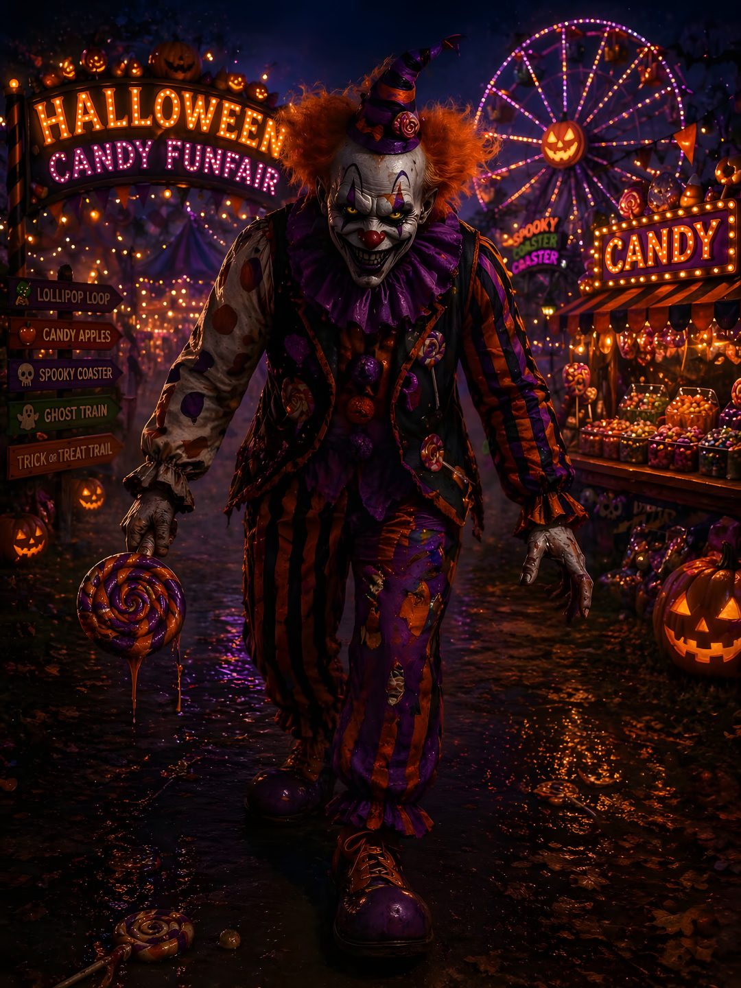 a creepy clown is walking down the street in front of a carnival sign and ferris wheel Clown Halloween Dark Circus, Creepy Clown, Scary Clowns, Photo, Halloween Art, Halloween, black