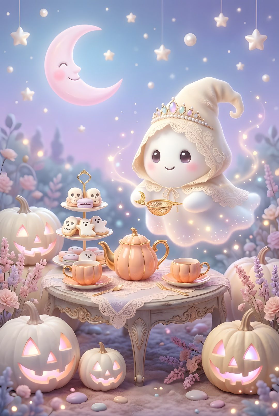 a painting of a table with pumpkins and teapots on it in front of a full moon Pastel Kawaii Halloween dark gray
