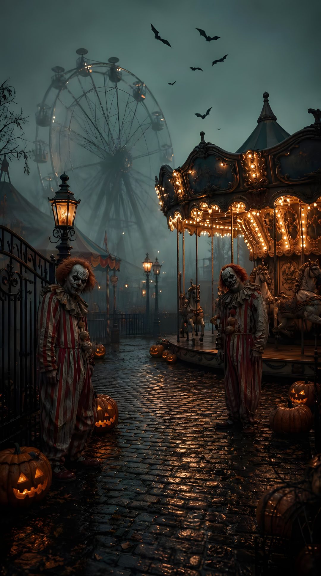 two clowns dressed in scary costumes stand near a carousel at night with lights on Halloween Carnival dark slate gray