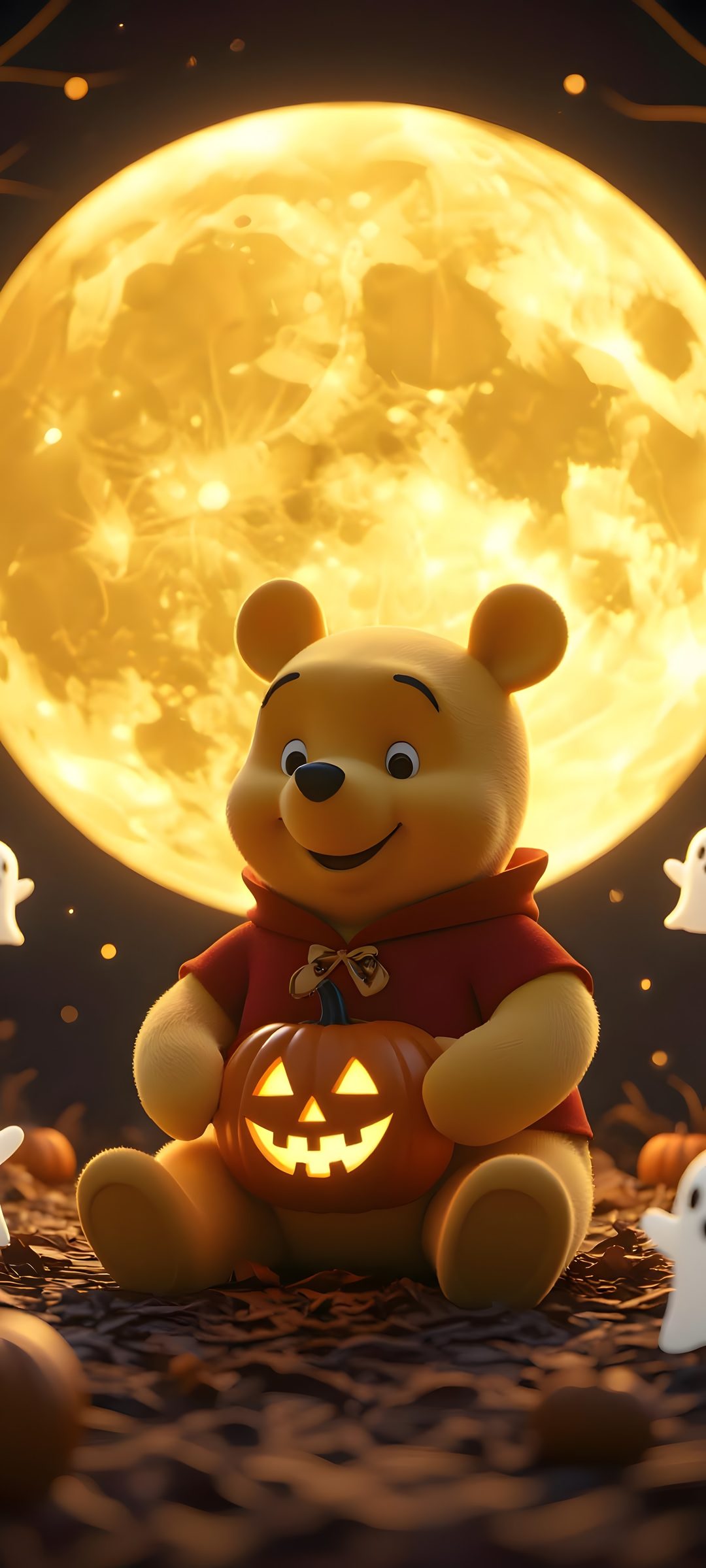 a teddy bear sitting in front of a full moon with halloween pumpkins around it Winnie The Pooh Halloween saddle brown