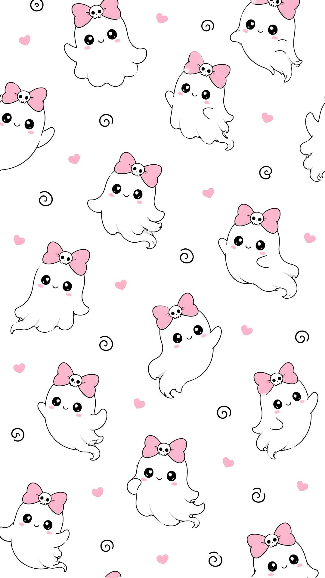 a white background with pink bows and small cats on the bottom right hand corner, all in different positions Kawaii Girly Cute Halloween white