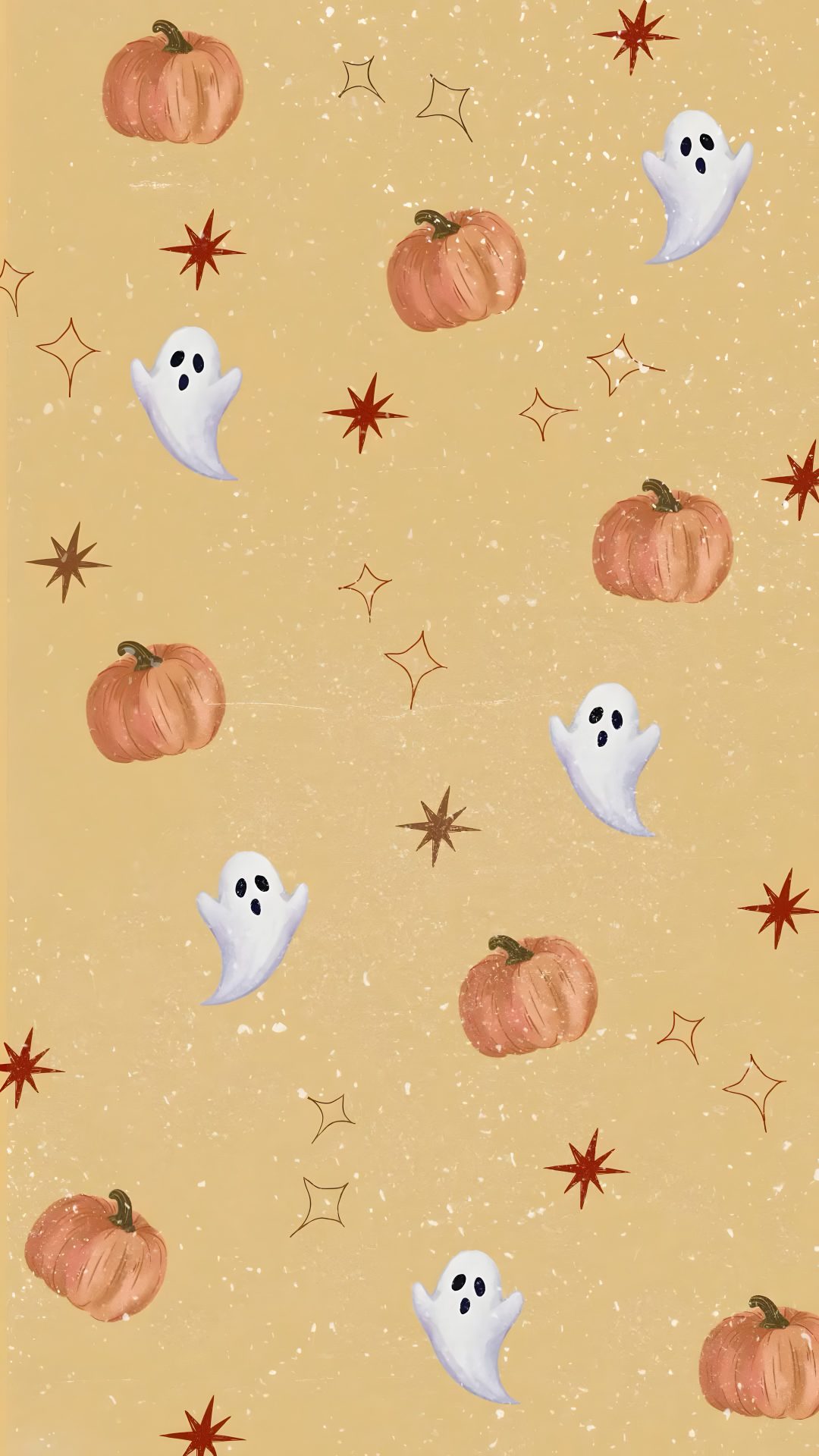 an orange background with white ghost and pumpkins on it's sides, all over the surface Halloween Pumpkins And Stars Scattered burlywood