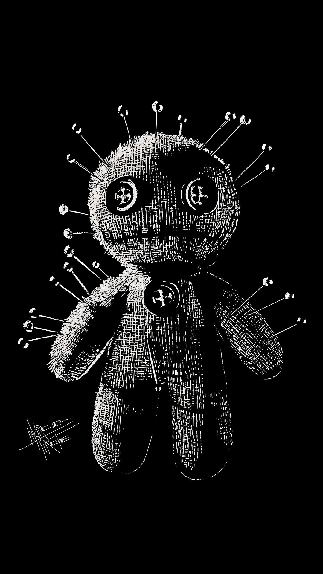 a black and white drawing of a teddy bear with lots of screws on it Halloween Voodoo Doll black