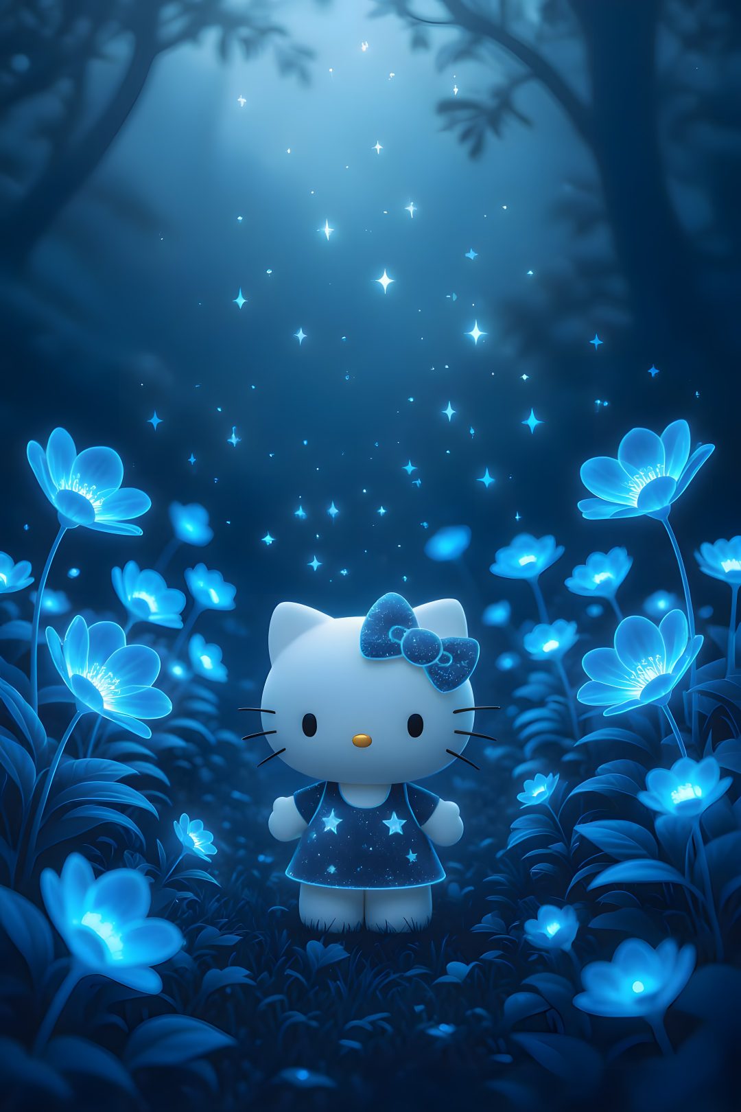hello kitty standing in the middle of blue flowers Blue Hello Kitty Halloween Kitty, Blue Hello Kitty, Cute Disney, Disney, Hello Kitty, Blue,