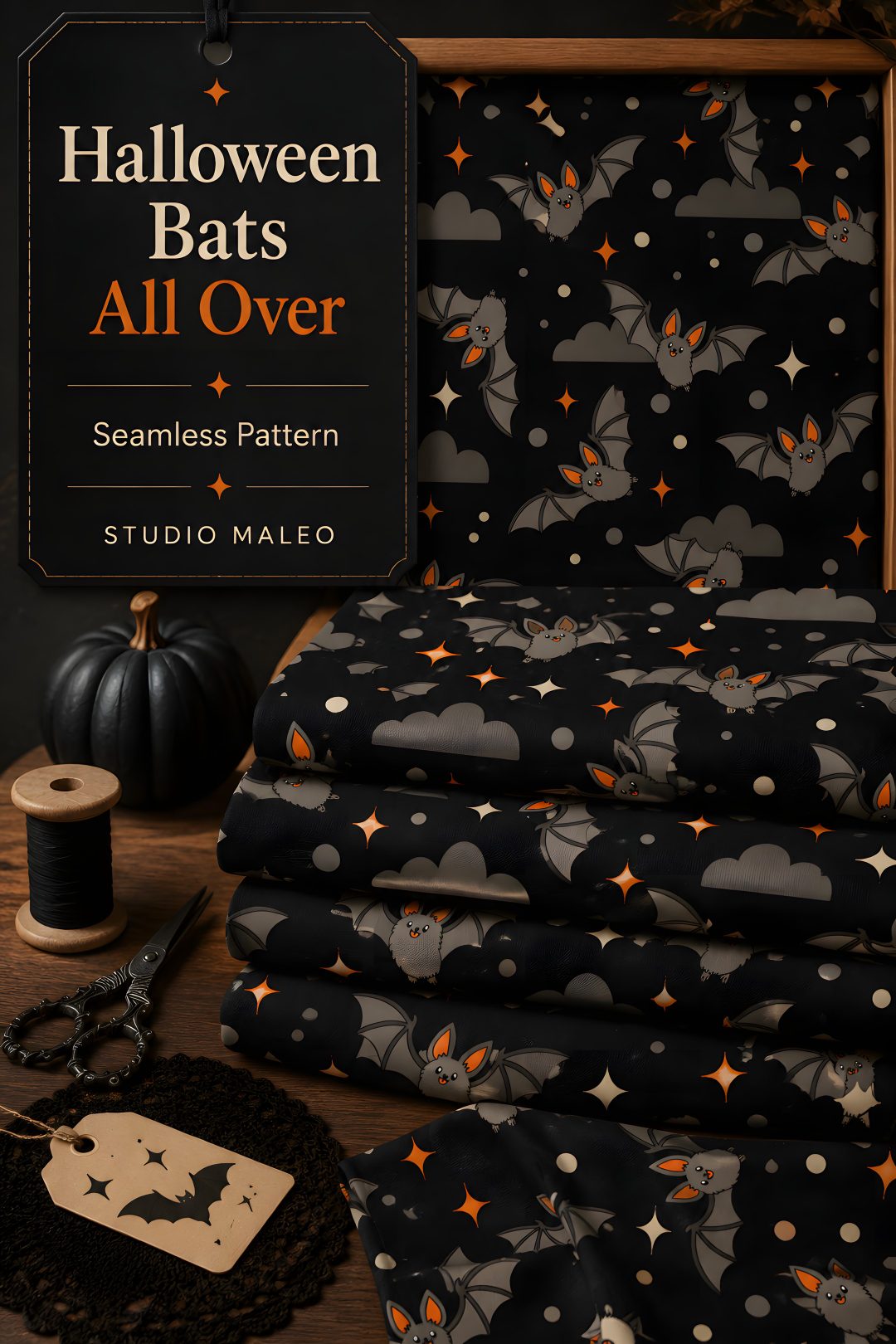 Whimsical Halloween bat seamless pattern with flying bats orange accents stars clouds and a deep black background. A playful spooky season design for fabric wallpaper sewing quilting crafts kids Halloween projects and autumn decor. Vintage Bats For Halloween Fabric And black