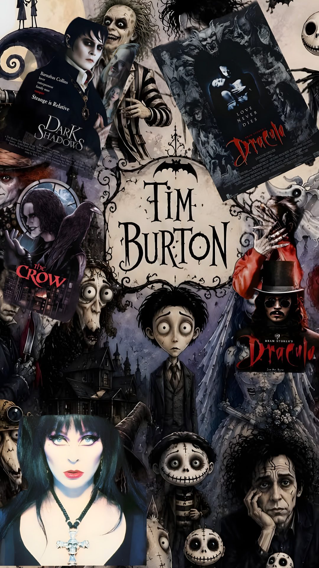 a collage of halloween images with creepy faces and characters on them, including the words tim burton Tim Burton Halloween dark slate gray