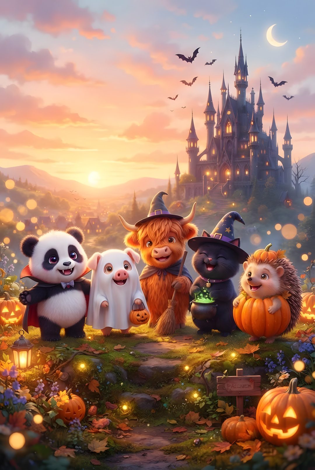 a group of animals that are standing in the grass with pumpkins and witches around them Halloween Animal indian red