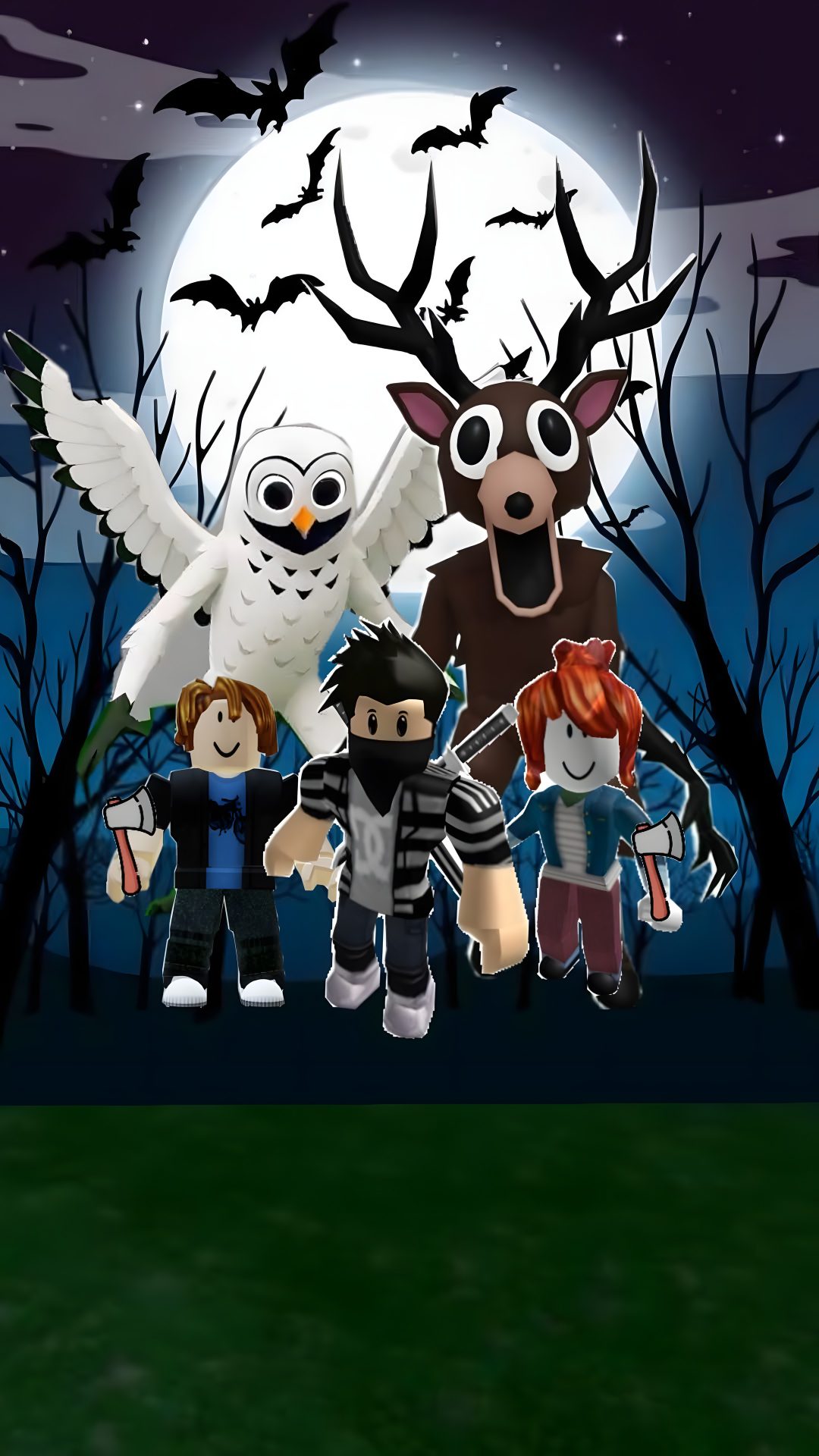an animated halloween scene with three people and two owls Halloween Roblox Forest Party, Spongebob, Forest, black