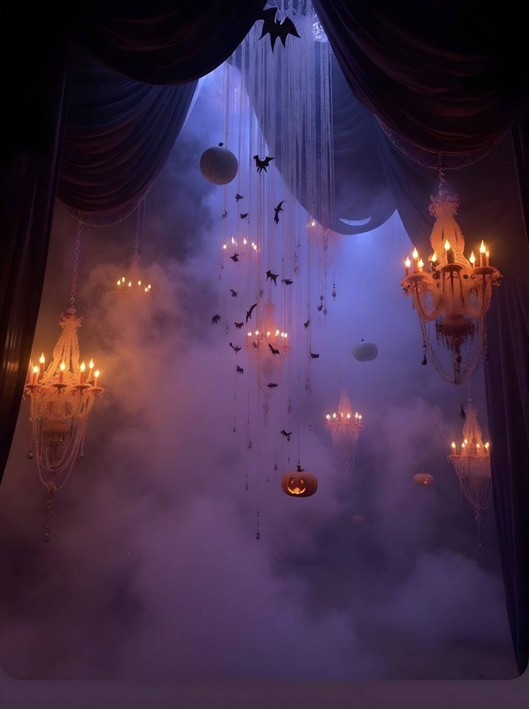 a room filled with lots of chandeliers hanging from the ceiling and surrounded by clouds Halloween Chandelier dark slate gray
