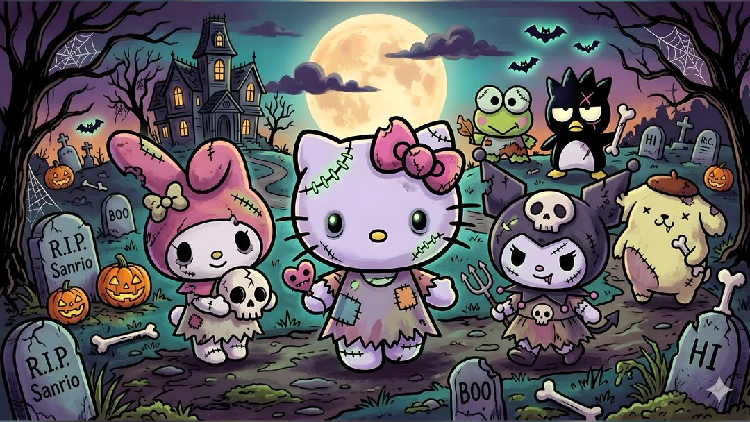 an image of hello kitty and her friends in the cemetery at halloween time metal print Hello Kitty Halloween Laptop dark slate gray
