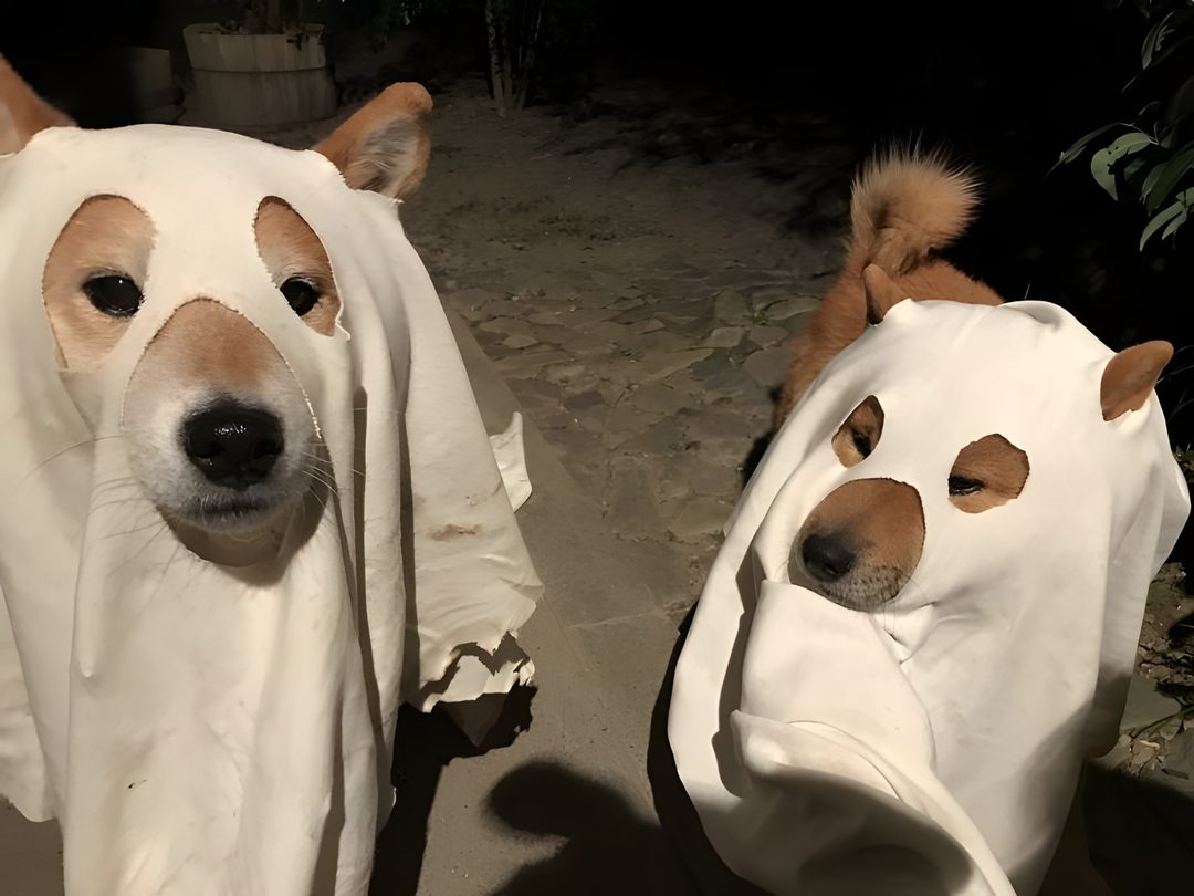 two dogs are covered in blankets outside Shiba Inu Halloween dim gray