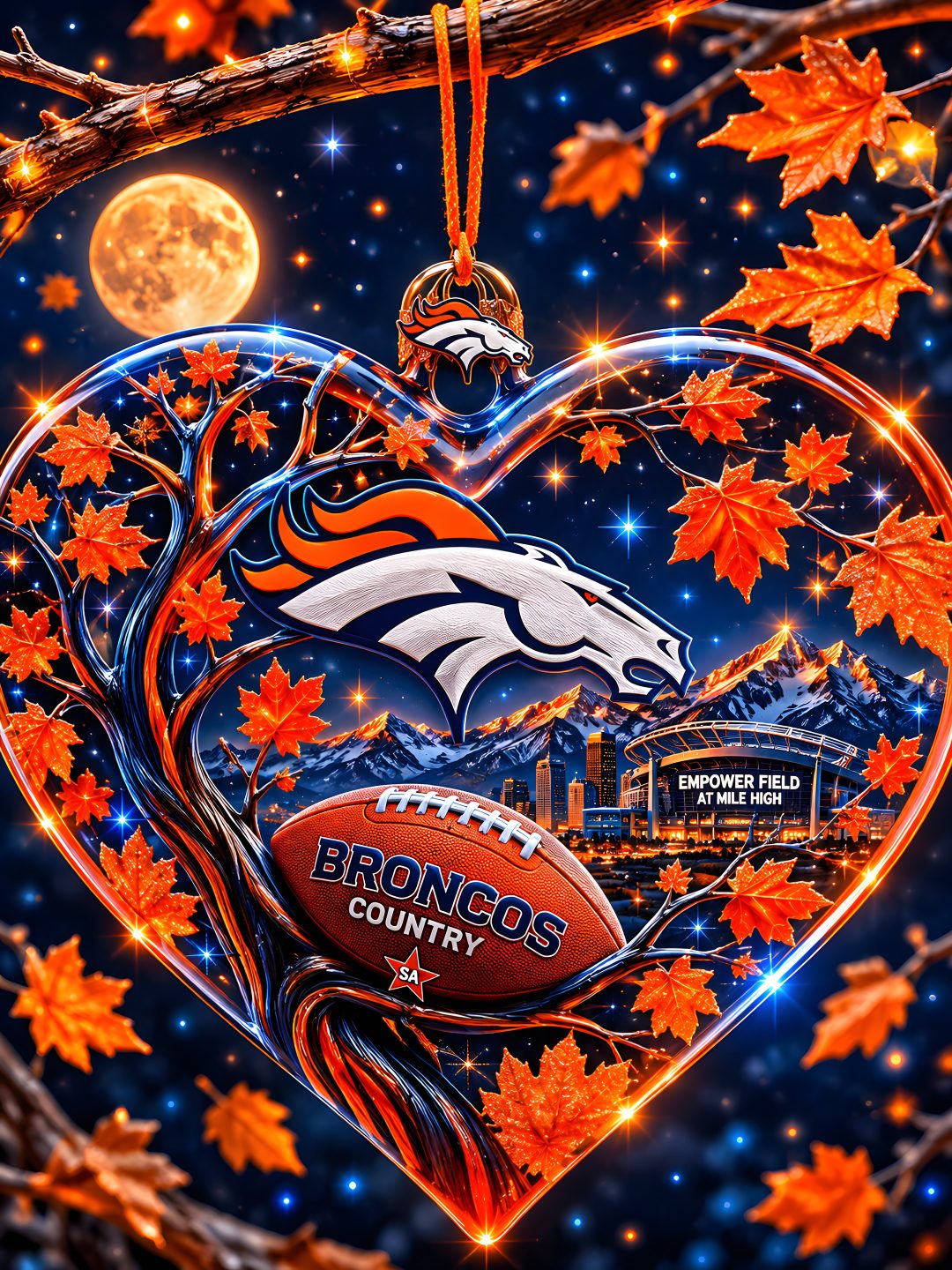 a heart shaped ornament with an image of the denver football team on it Broncos Halloween dark slate gray