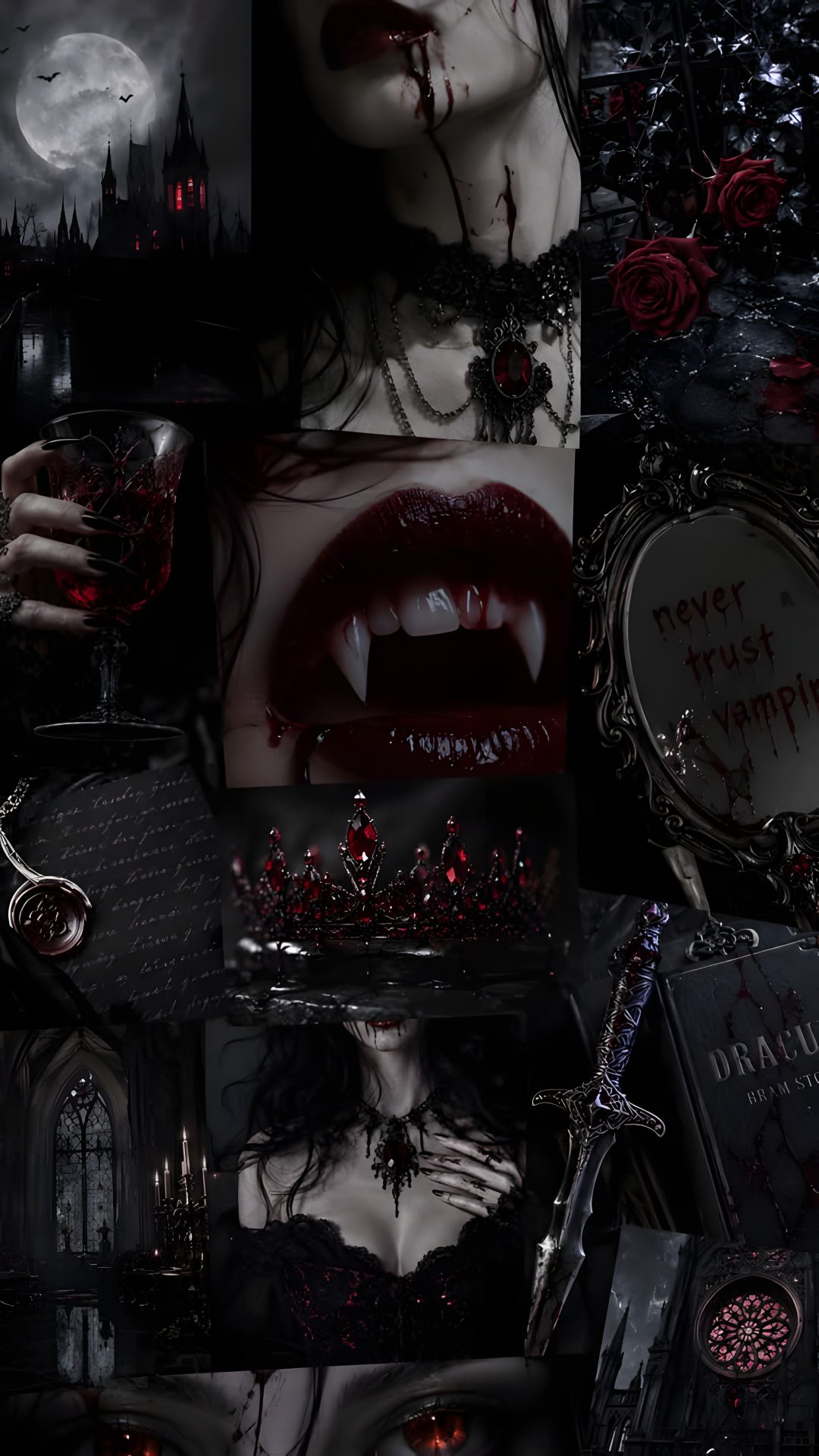 a collage of photos with vampire makeup and blood on her face, holding a glass Halloween Vampire Background black
