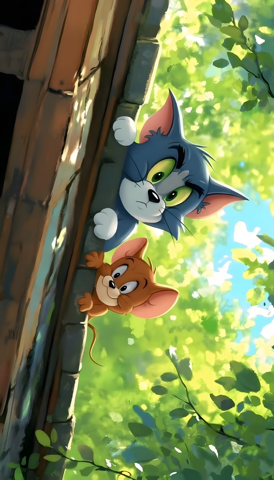 two cartoon cats hanging from the side of a tree Tom And Jerry Halloween dark olive green