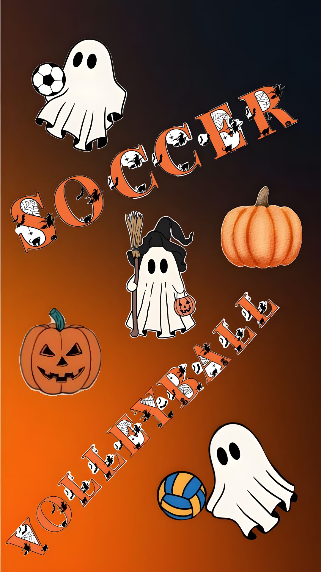 an image of halloween stickers with ghost and pumpkins in the air on orange background Halloween Soccer Halloween, Dogs, saddle brown