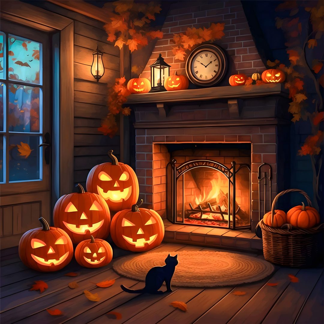 a cat sitting in front of a fireplace with carved pumpkins Halloween Fireplace Halloween, Halloween House, dark slate gray