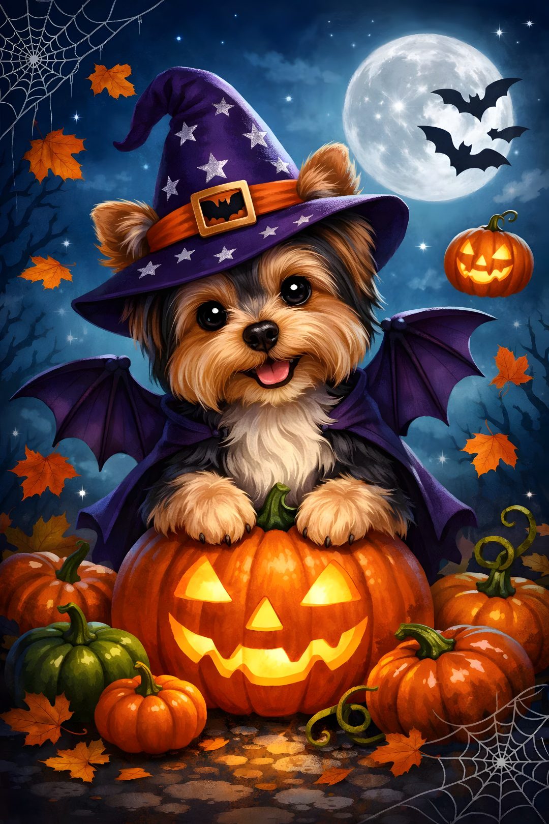 a painting of a dog wearing a witches hat and sitting on top of a pumpkin Yorkie Halloween Halloween Animals, Halloween, Animals, dark slate gray