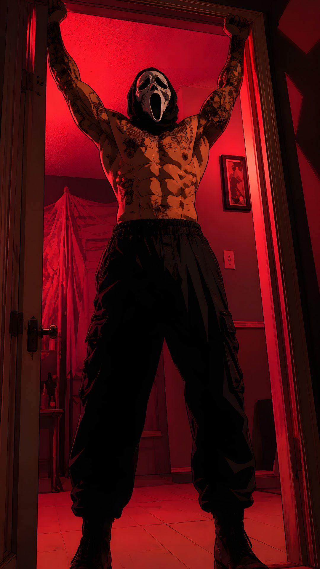 a man standing in front of a red light with his arms up and hands behind his head Hot Halloween Horror Monster, Silent Hill, black
