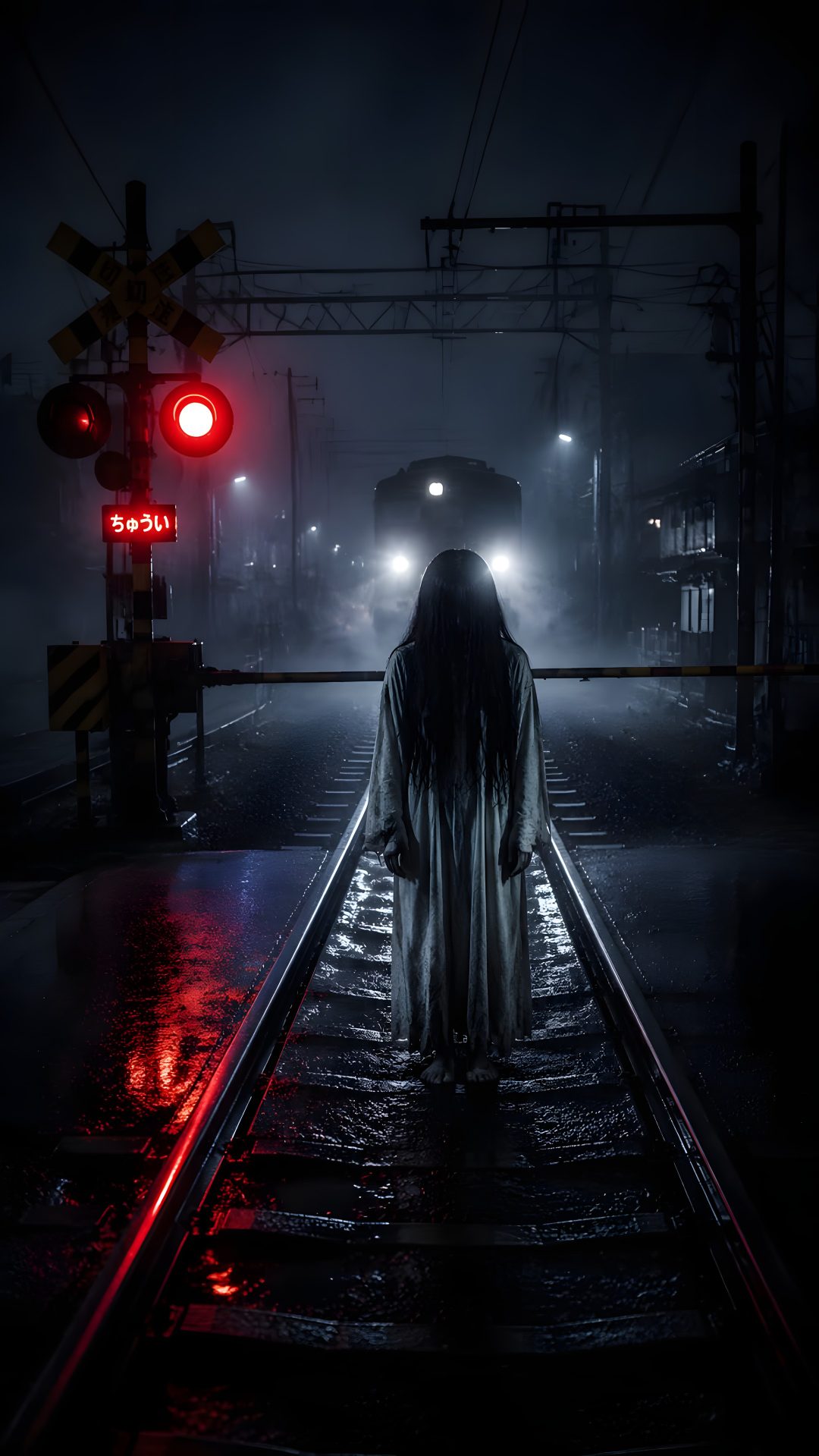 a person standing on train tracks in the rain at night with red traffic lights behind them Halloween Ghost Train Creepy Art, Scary Stories, Ghost, Halloween, black