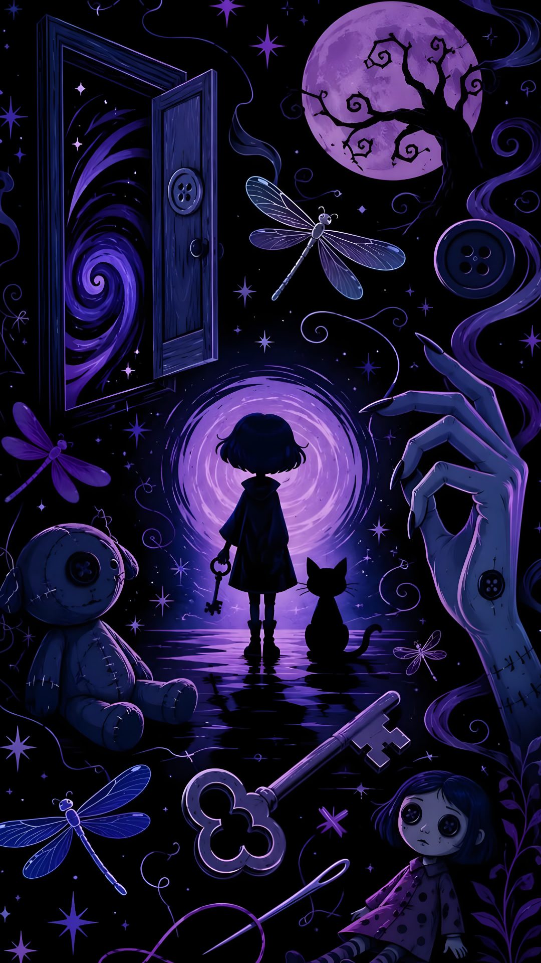 a person holding an umbrella standing in front of a door with dragon and moon on it Halloween Galaxy black