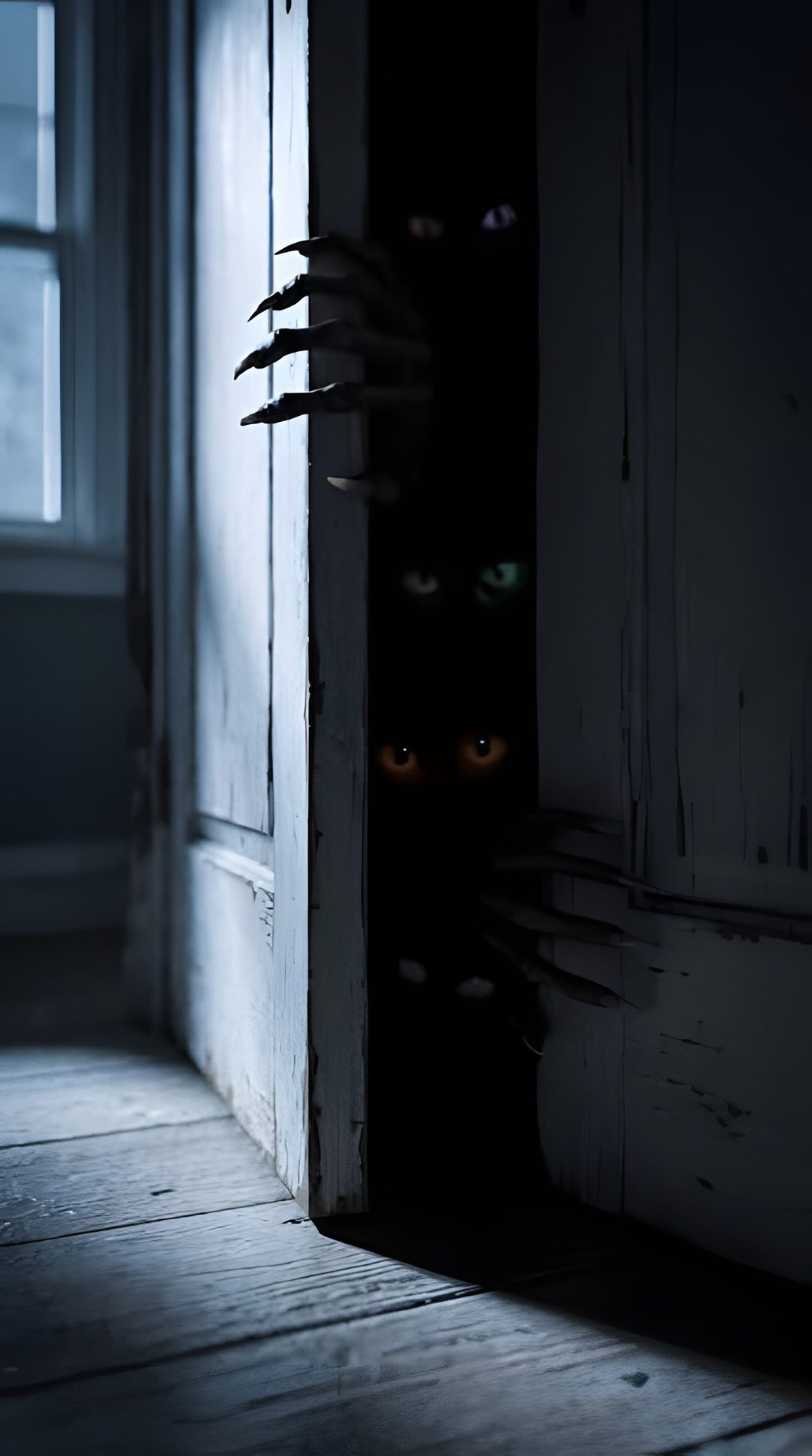 a creepy looking cat peeking out from behind a door Halloween Monsters black