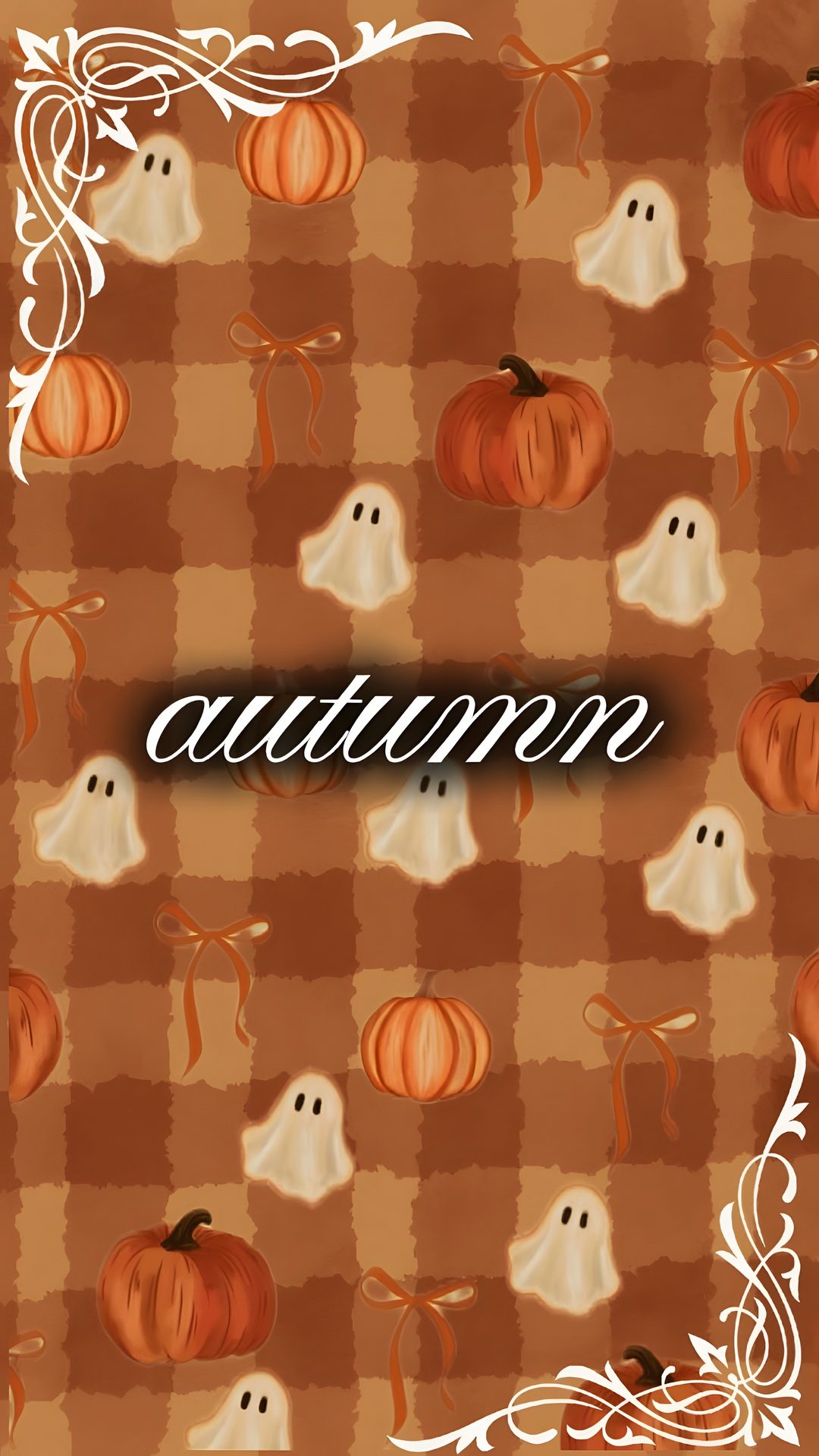 an autumn background with pumpkins and ghost heads on the checkered tablecloth, which reads autumn Autumn Halloween Iphone sienna