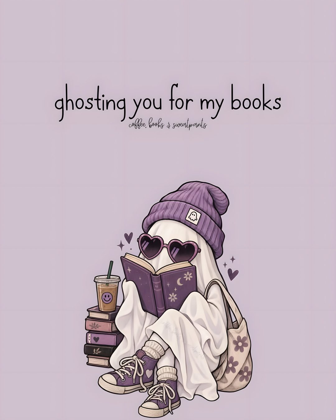 a cartoon character reading a book while wearing sunglasses and a purple hat, with the caption ghosting you for my books Bookish Halloween thistle