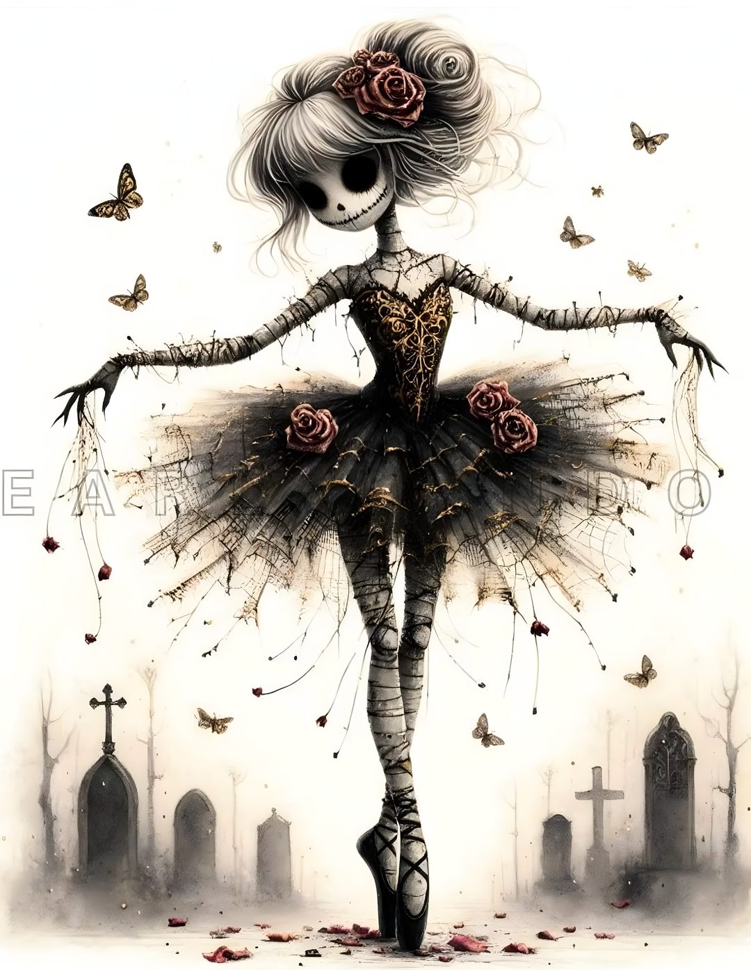 a drawing of a woman in a dress with roses on her head and butterflies flying around Halloween Ballerina old lace
