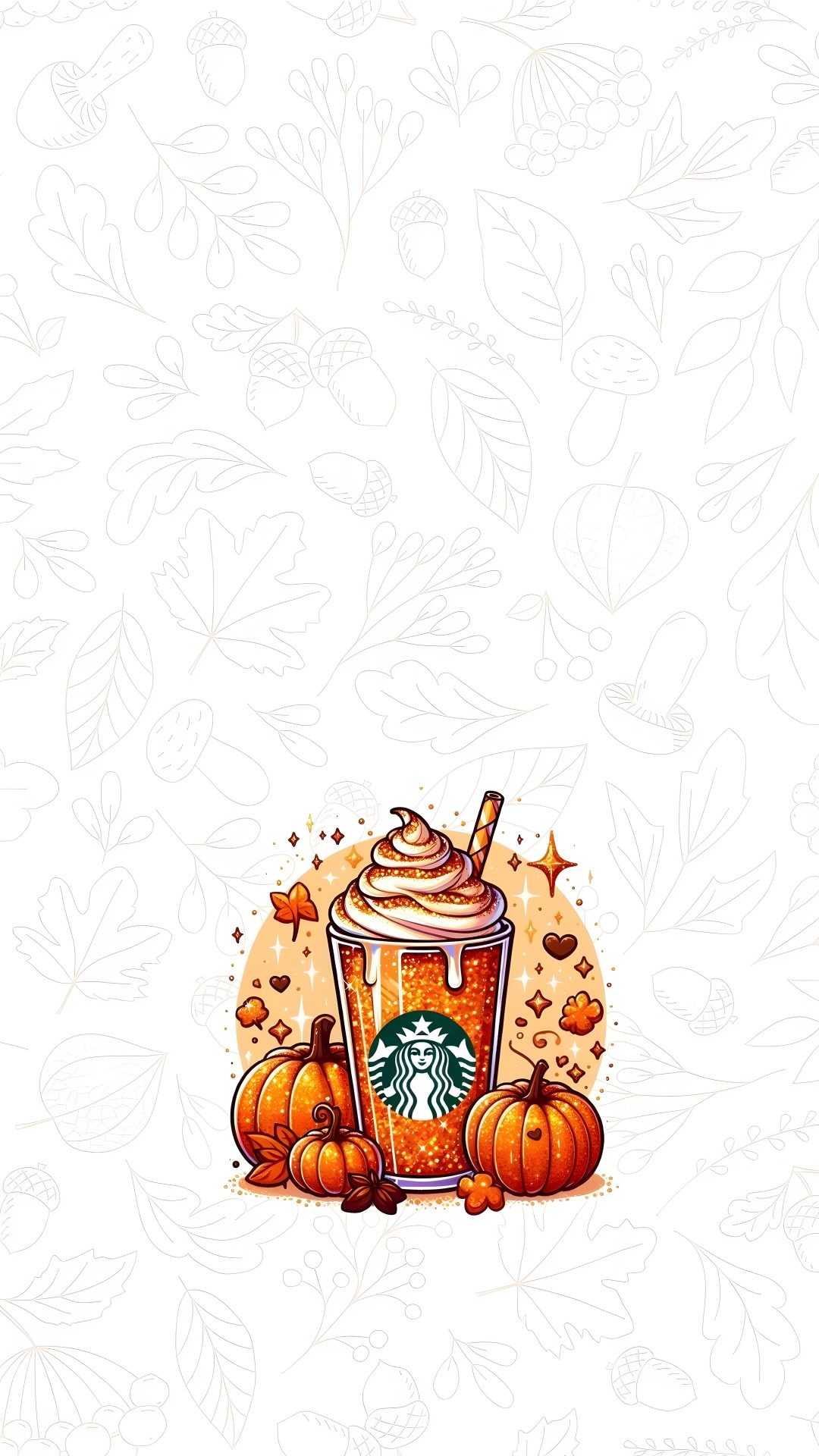 the starbucks pumpkin spice is in front of a white background with leaves and stars on it Halloween Starbucks Cute, Iphone, Halloween, white