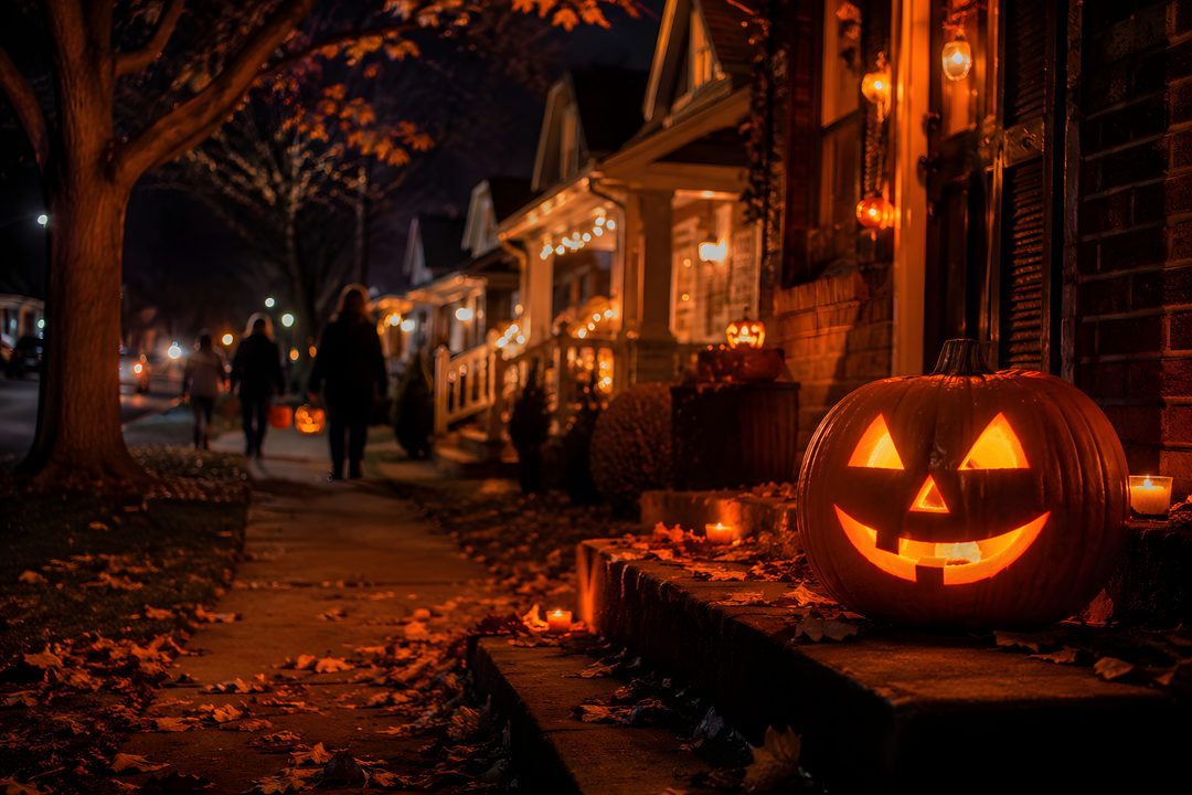 two jack o lantern pumpkins sitting on the side of a building at night with people walking by Halloween 2018 4k black