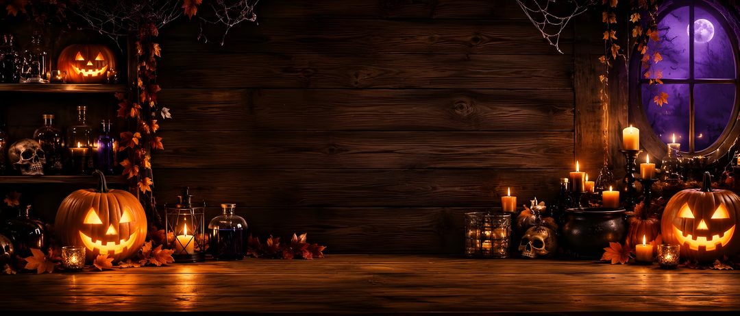 an image of halloween scene with pumpkins and candles Halloween Banner With Forest black