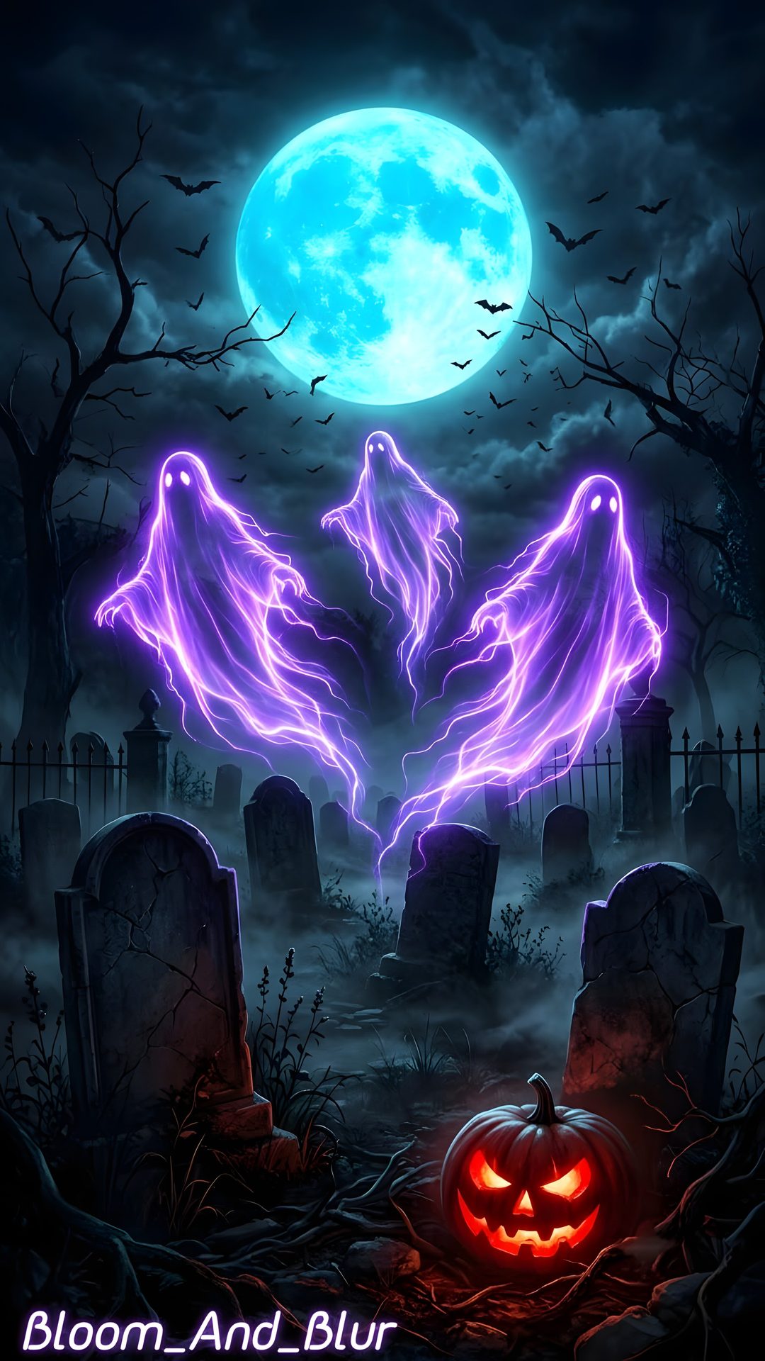 two ghost hands over a cemetery with a full moon in the background and bats flying around Halloween Galaxy dark slate gray
