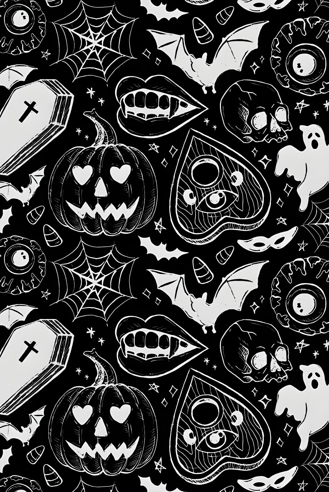 black and white halloween themed wallpaper with skulls, bats, pumpkins and ghost heads Gothic Halloween Pattern In Black And Alexander Mcqueen Scarf, Halloween Ouija,