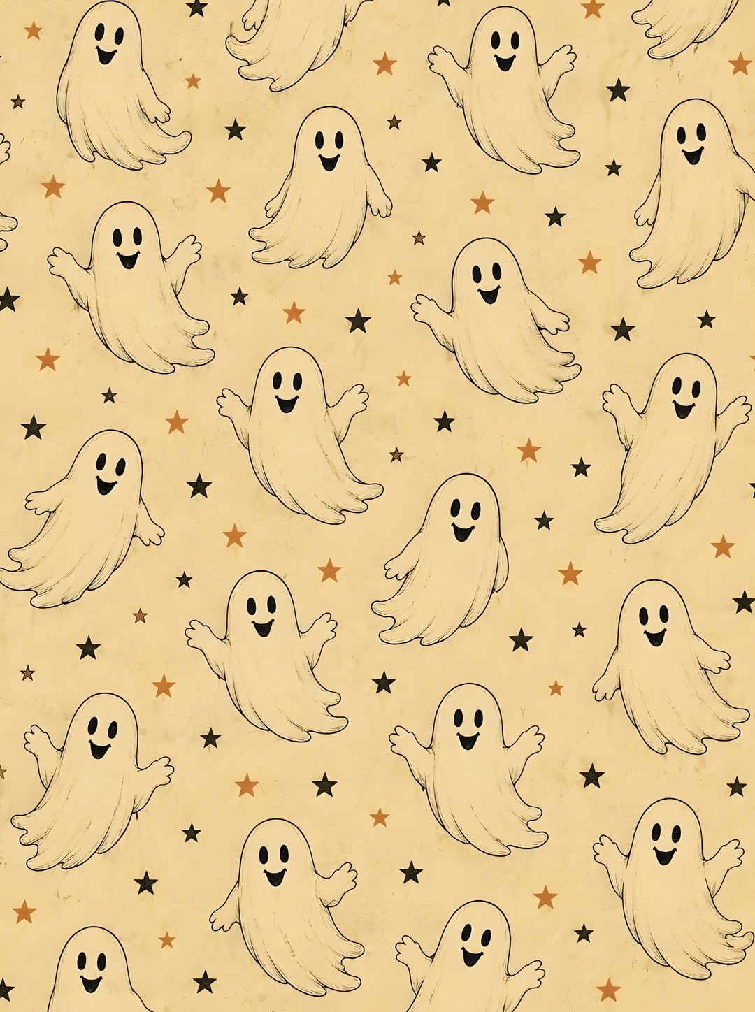 a group of ghost faces with stars in the background on parchment colored paper, which has been drawn by hand Retro Halloween Ivory khaki