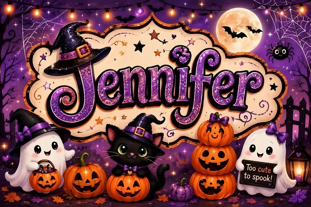 a group of halloween pumpkins sitting in front of a sign that says jennyfer Halloween-themed Name brown