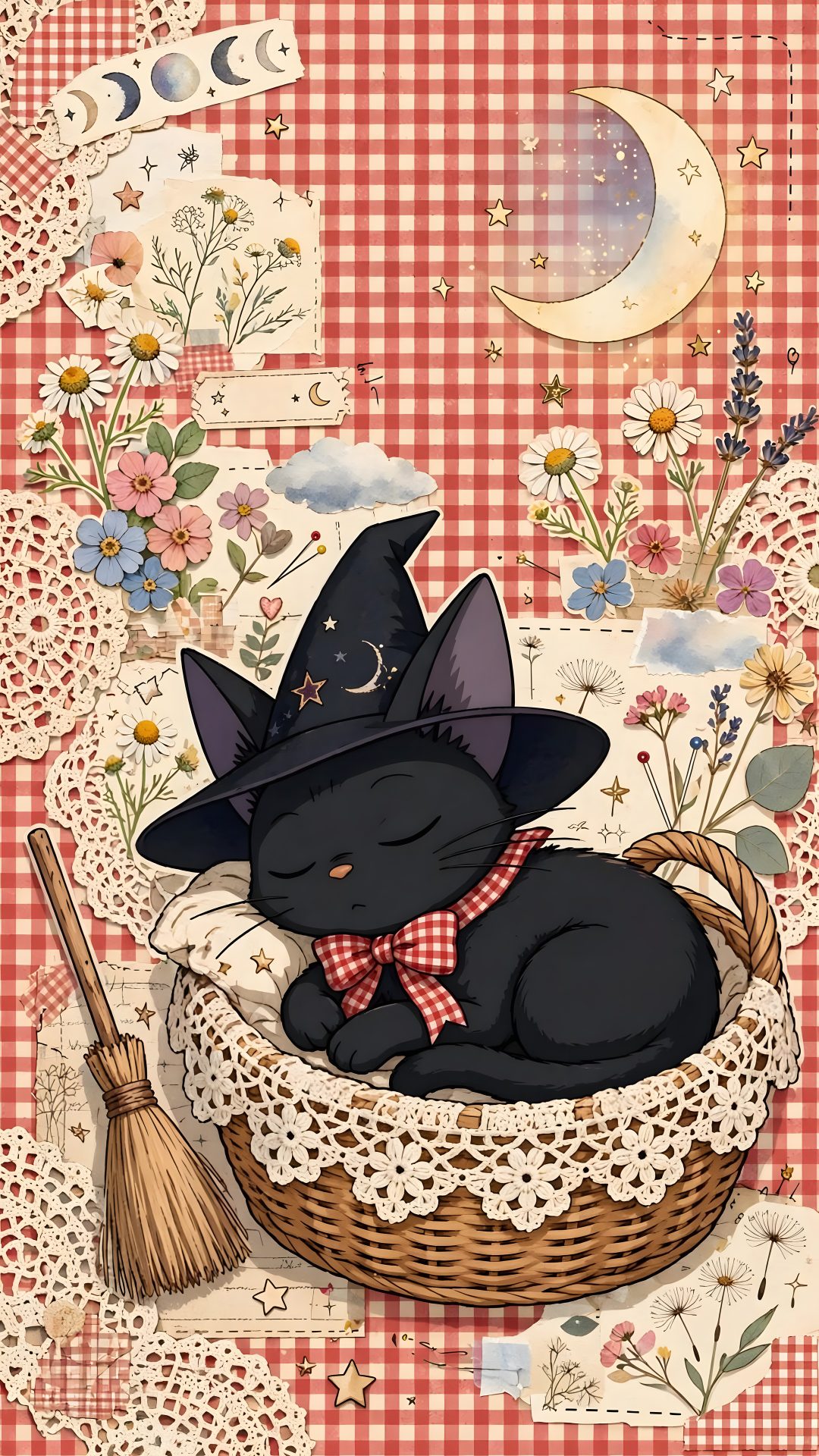 a black cat wearing a witches hat sitting in a basket Halloween Kittens dark salmon