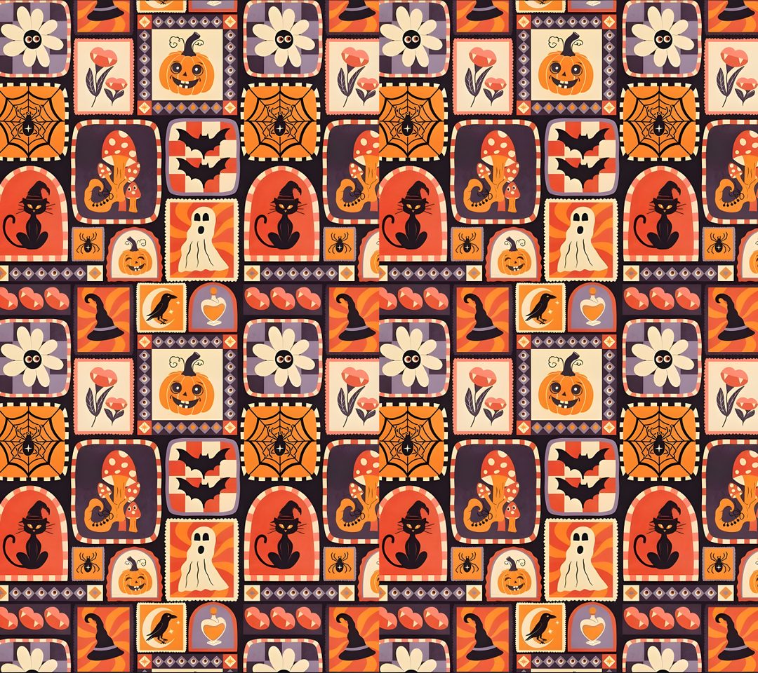 an orange and purple pattern with pumpkins, cats, and other things on it Halloween Celtic Tiles Custom Surface Design, Halloween, Design, chocolate