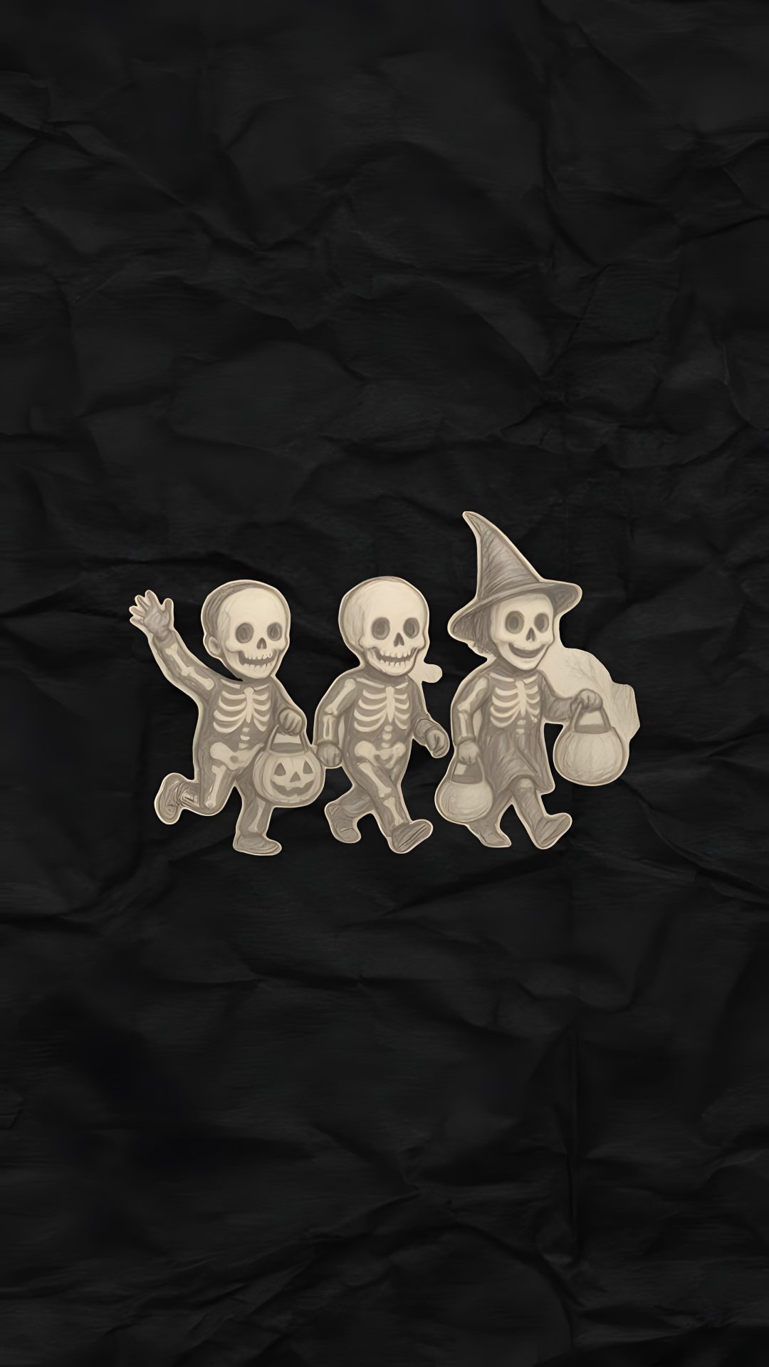 three skeletons in halloween costumes on black paper Halloween X-ray - Tan & Black black