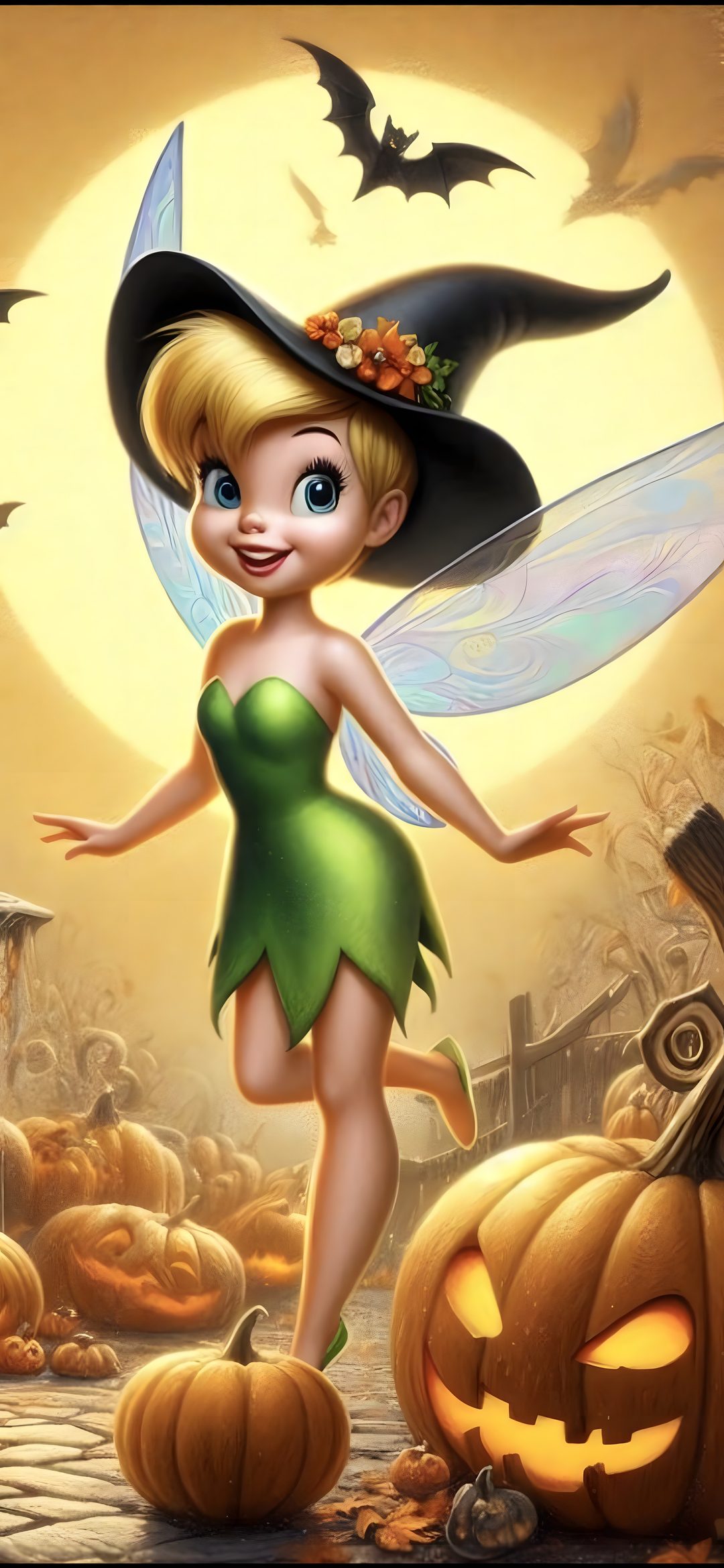 a cartoon tinkerbell dressed as a witch in front of a full moon with pumpkins Tinkerbell Halloween peru